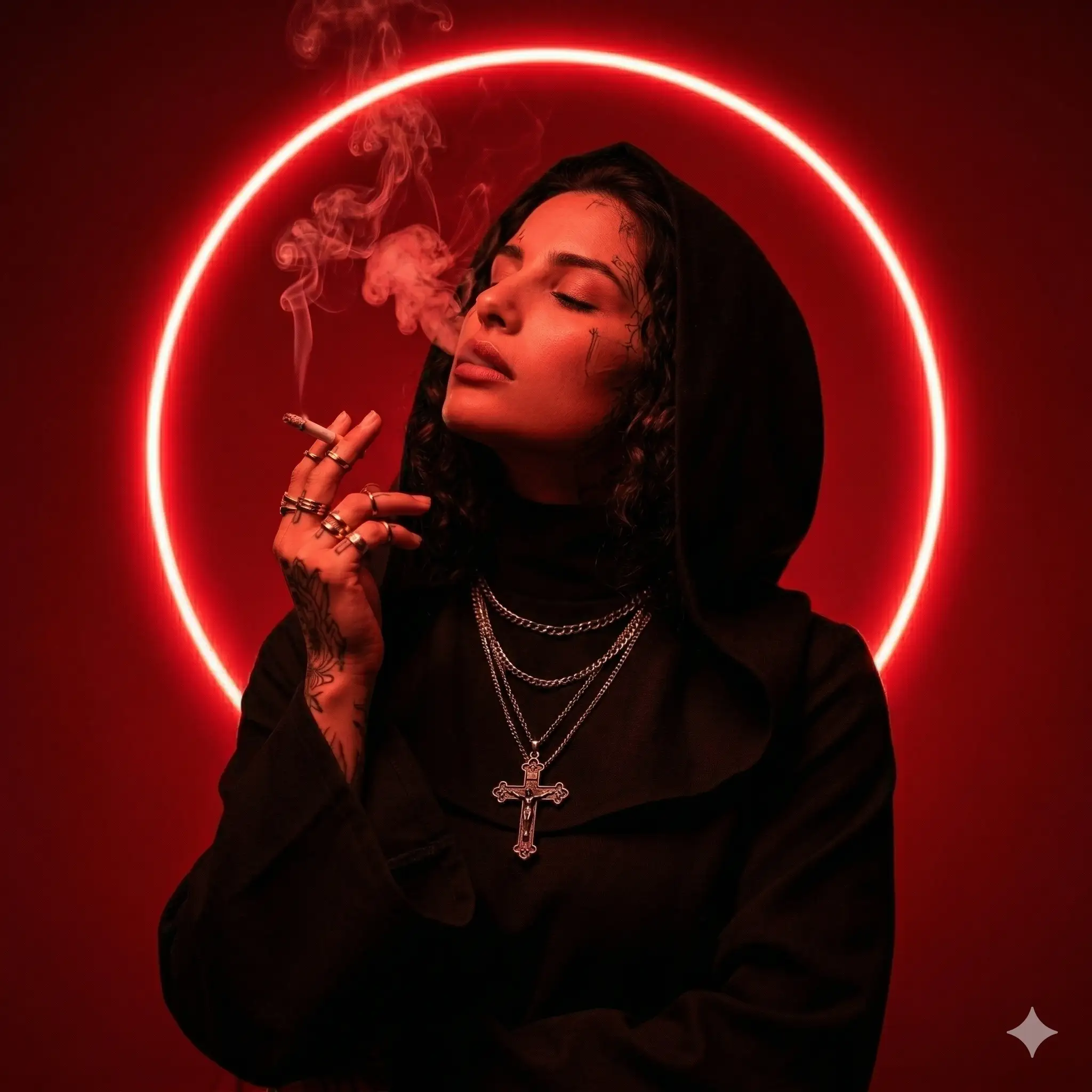 AI-generated cinematic portrait of a tattooed woman in a black hood smoking a cigarette, framed by a glowing red neon halo and wearing layered cross necklaces. Designed by Mahendra R.