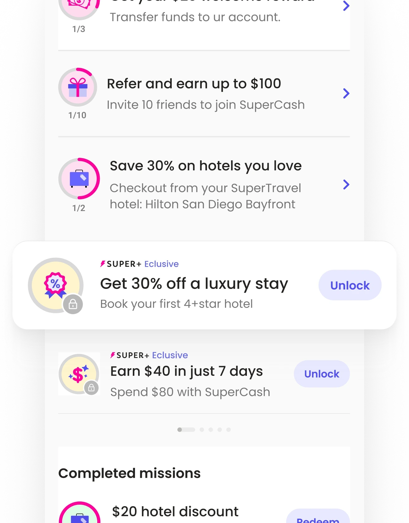 UI mockup of Super.com’s Missions showing exclusive Super+ rewards like 40% off luxury stays and $40 cashback, demonstrating how tiered missions encouraged upsells and deeper engagement.