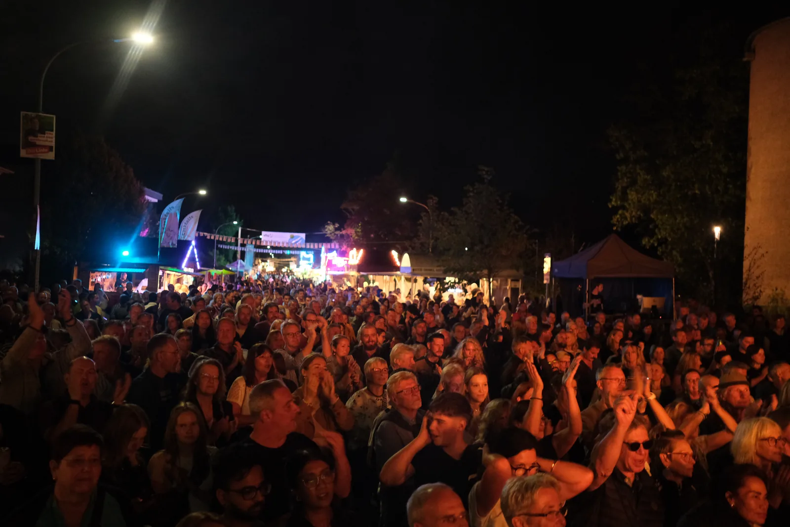 Menschen auf der Straße bei Nacht, Fahnen und Lichter über dem Fest.