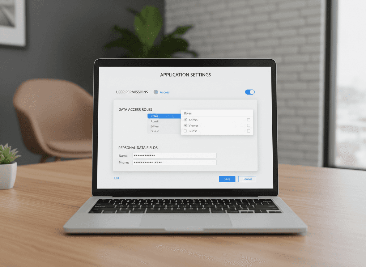 “Cybersecurity privacy-by-design interface showing user permission controls and masked personal data fields.”