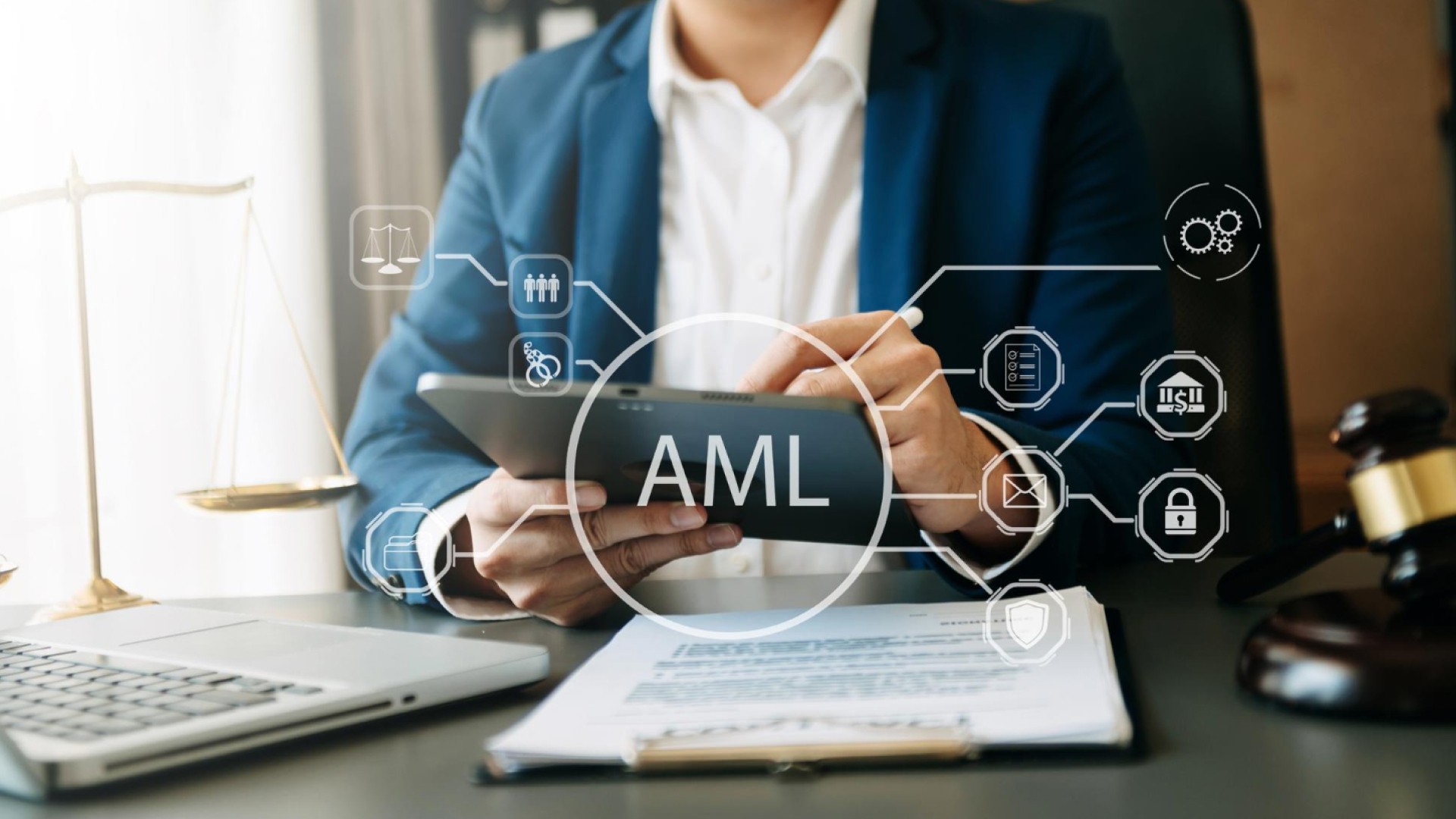Smurfing in money laundering explained with visual icons showing AML processes, financial documents, compliance checks and risk monitoring on a digital tablet.