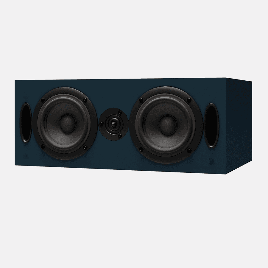 Dark blue speaker with multiple drivers.