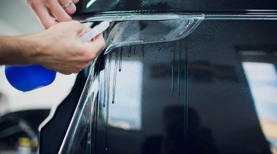 Applying protective film to a black car surface.