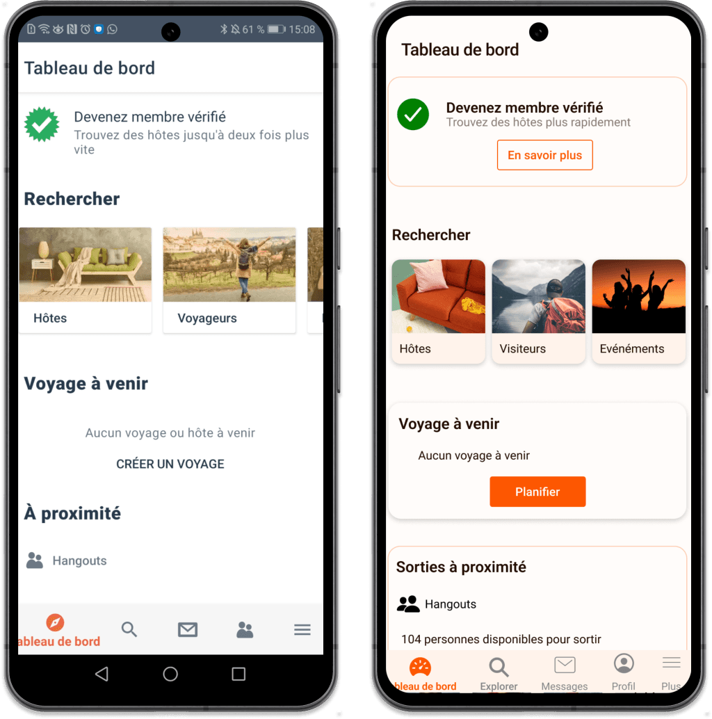 Comparison of the old and new versions of a screen from TravelLocal's mobile app after the UI redesign challenge