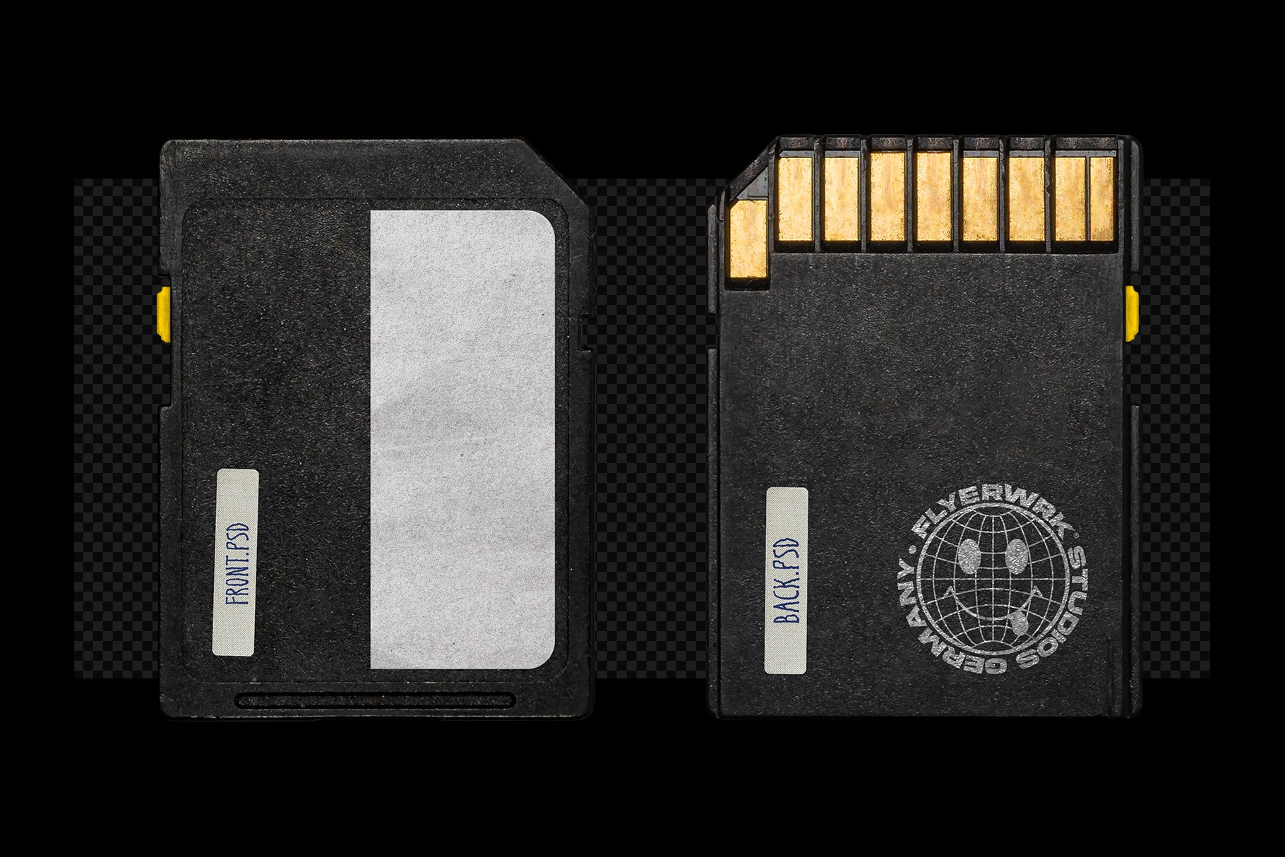 SD Card Mockup displaying both front and back design options with professional realistic lighting and shadows