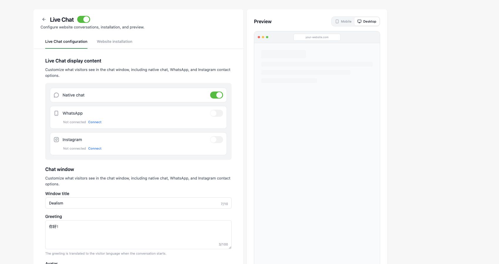 Dealism Live Chat configuration page with Native chat, WhatsApp, Instagram, window title, greeting, and desktop preview