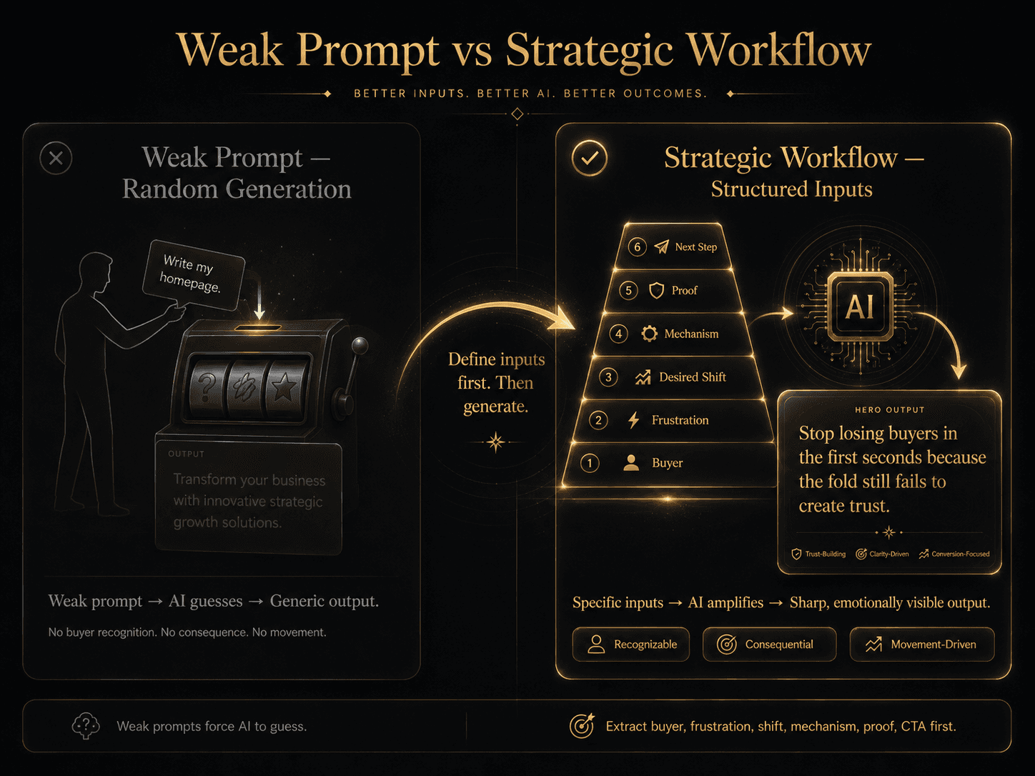 “Weak Prompt vs Strategic Workflow” Concept: A split-screen comparison showing two approaches to using AI for hero sections.  Left side (Weak Prompt — Random Generation): A person silhouette throwing a vague prompt into a slot machine: “Write my homepage.” The machine outputs generic, faded text: “Transform your business with innovative strategic growth solutions.” The output is desaturated grey, forgettable. Label: “Weak prompt → AI guesses → Generic output. No buyer recognition. No consequence. No movement.”  Right side (Strategic Workflow — Structured Inputs): A person silhouette standing before a 6-step input pyramid. Each step feeds into a glowing AI engine: “Buyer → Frustration → Desired Shift → Mechanism → Proof → Next Step.” The engine outputs a sharp, glowing hero section: “Stop losing buyers in the first seconds because the fold still fails to create trust.” Label: “Specific inputs → AI amplifies → Sharp, emotionally visible output.”  A curved arrow points from left to right with the word: “Define inputs first. Then generate.”  Style: Dark charcoal background. Left side: desaturated grey, chaotic, slot machine aesthetic. Right side: warm gold/amber, structured, pyramid inputs, glowing output. The contrast is stark.  Interaction: Hovering the left side reveals: “Weak prompts force AI to guess. Guessing creates generic copy.” Hovering the right side reveals: “The correct workflow: Extract buyer, frustration, shift, mechanism, proof, CTA FIRST. Then AI amplifies.” A toggle switches between “Weak Prompt Mode” and “Strategic Workflow Mode.”