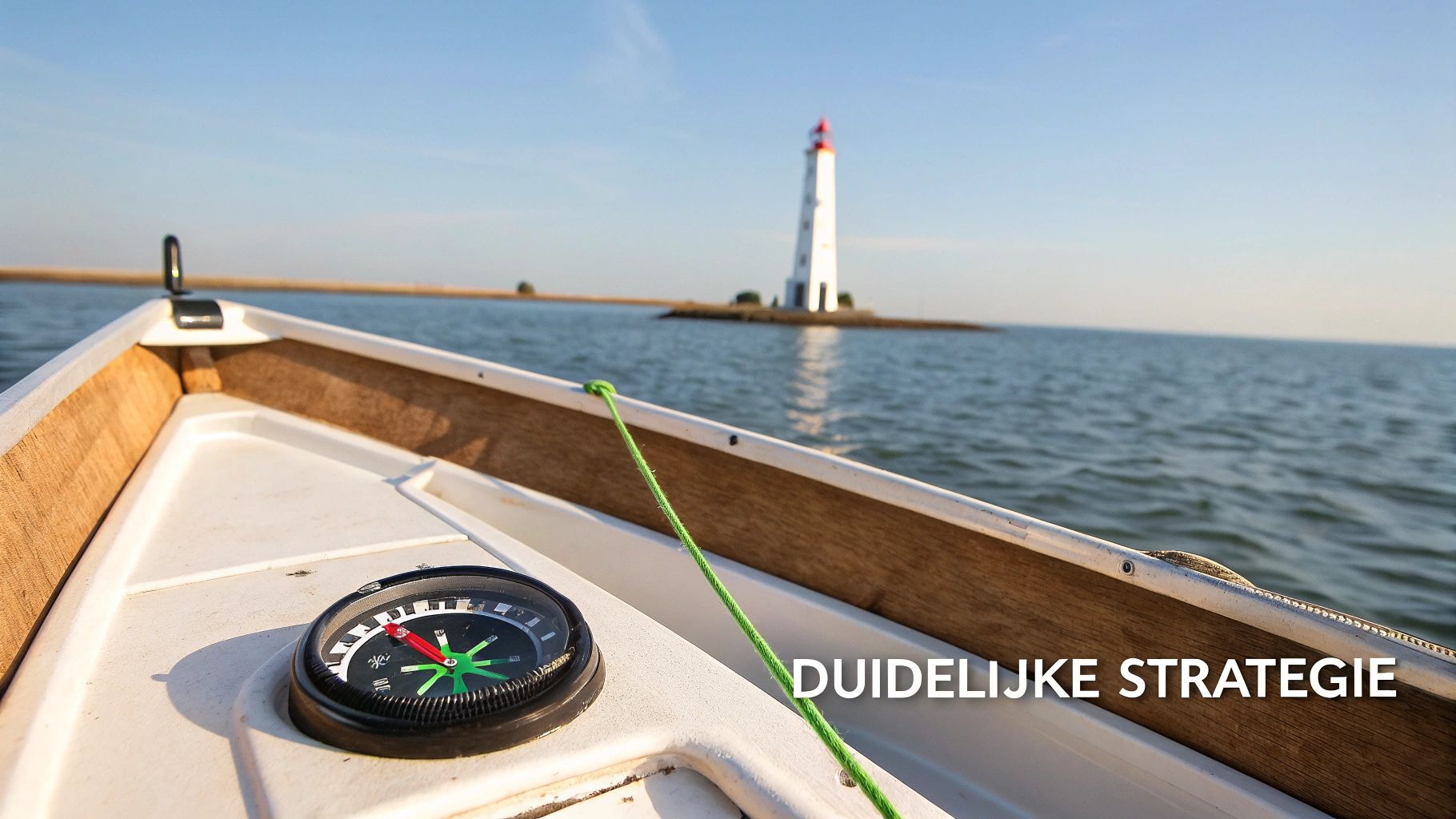 Boot met kompas vaart richting vuurtoren, symboliseert duidelijke navigatie en strategische richting