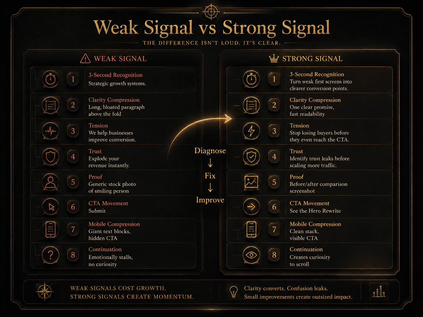 “Weak Signal vs Strong Signal” Concept: A split-screen comparison showing the same hero section element (e.g., headline, subheadline, CTA) with weak vs strong signals.  Left side (Weak Signal — Red/Desaturated): Examples of weak signals for each test:  3-Second Recognition: “Strategic growth systems.” (broad, vague)  Clarity Compression: Long, bloated paragraph above the fold  Tension: “We help businesses improve conversion.” (emotionally flat)  Trust: “Explode your revenue instantly.” (overhyped)  Proof: Generic stock photo of smiling person  CTA Movement: “Submit” (passive)  Mobile Compression: Giant text blocks, hidden CTA  Continuation: Emotionally stalls, no curiosity  Right side (Strong Signal — Gold/Glowing): Examples of strong signals:  3-Second Recognition: “Turn weak first screens into clearer conversion points.”  Clarity Compression: One clear promise, fast readability  Tension: “Stop losing buyers before they even reach the CTA.”  Trust: “Identify trust leaks before scaling more traffic.” (grounded)  Proof: Before/after comparison screenshot  CTA Movement: “See the Hero Rewrite” (payoff-driven)  Mobile Compression: Clean stack, visible CTA  Continuation: Creates curiosity to scroll  A curved arrow points from left to right with the word: “Diagnose → Fix → Improve.”  Style: Dark charcoal background. Left side: desaturated red/grey, weak, faded. Right side: warm gold/amber, sharp, glowing. The contrast is stark.  Interaction: Hovering any weak signal reveals why it fails and how to fix it. Hovering any strong signal reveals the psychological principle behind why it works. A toggle switches between “Weak Hero Section” and “Strong Hero Section” for the same offer.