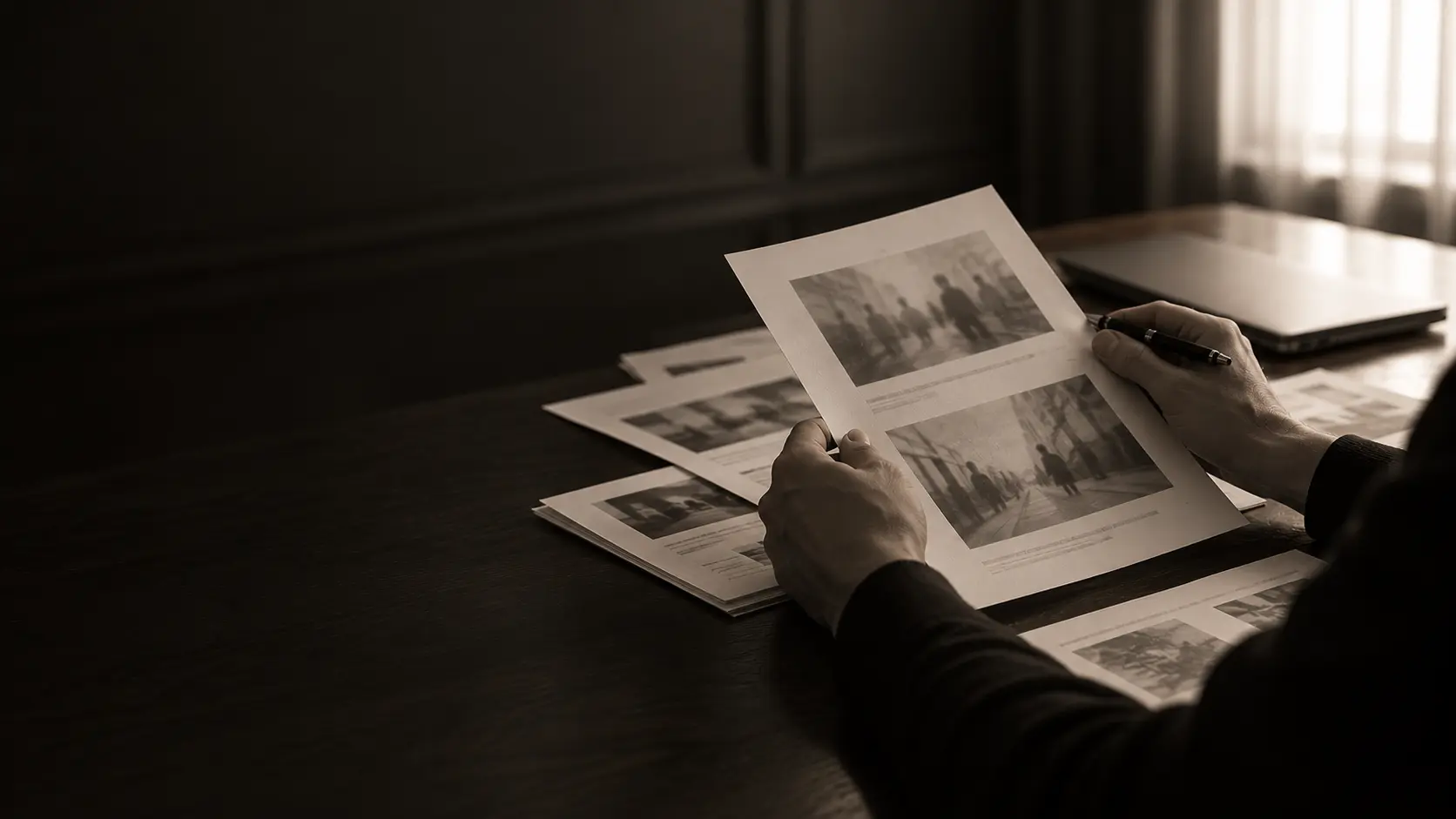 Hands reviewing printed photographs at a dark desk
