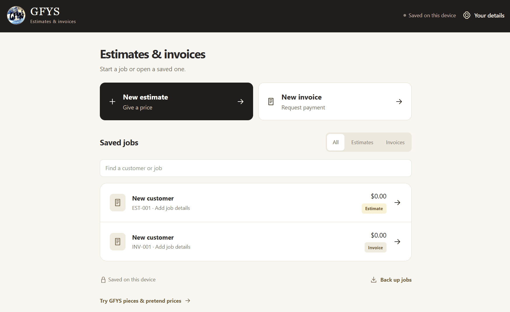 GFYS estimate and invoice tool showing New estimate, New invoice, and saved jobs.