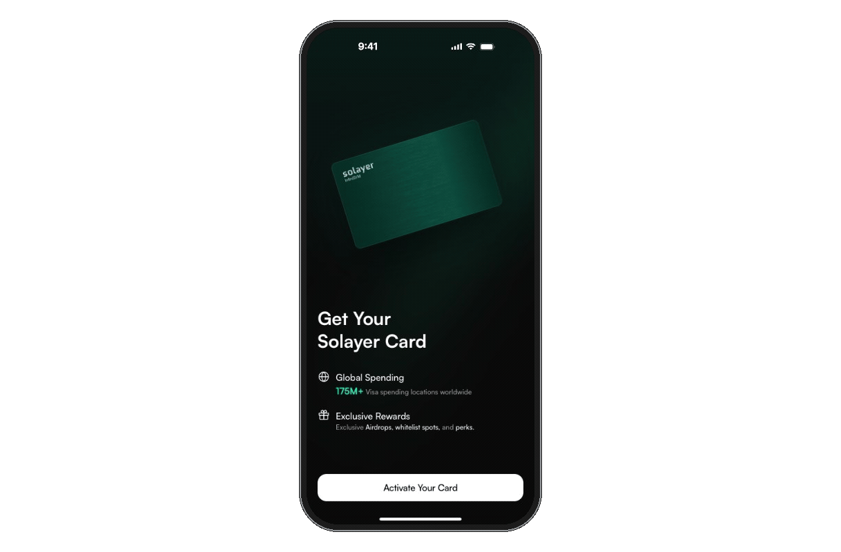 Click-through of the final Solayer Pay prototype: activating a card, the card home, referrals and account