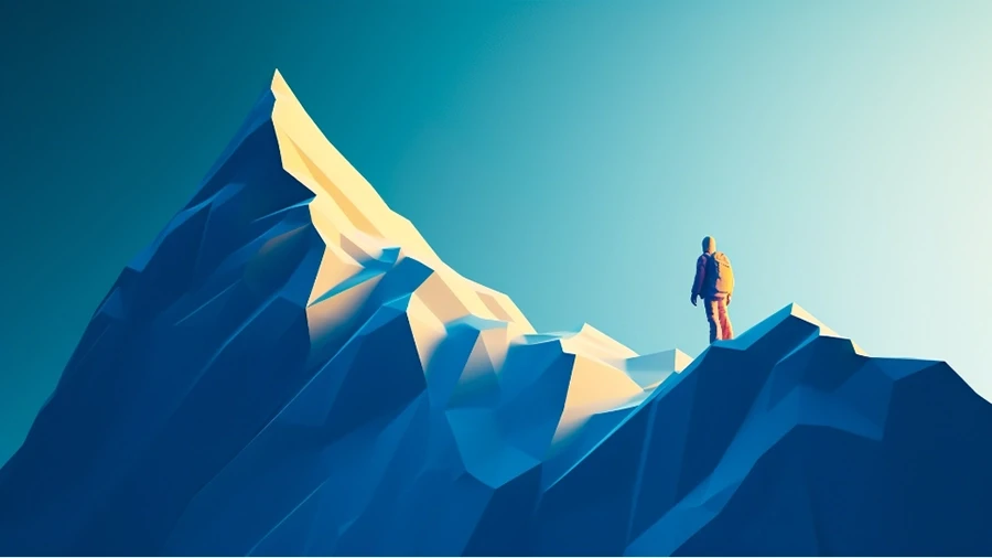 Person standing on a mountain peak under clear blue sky, symbolizing achievement and challenge.
