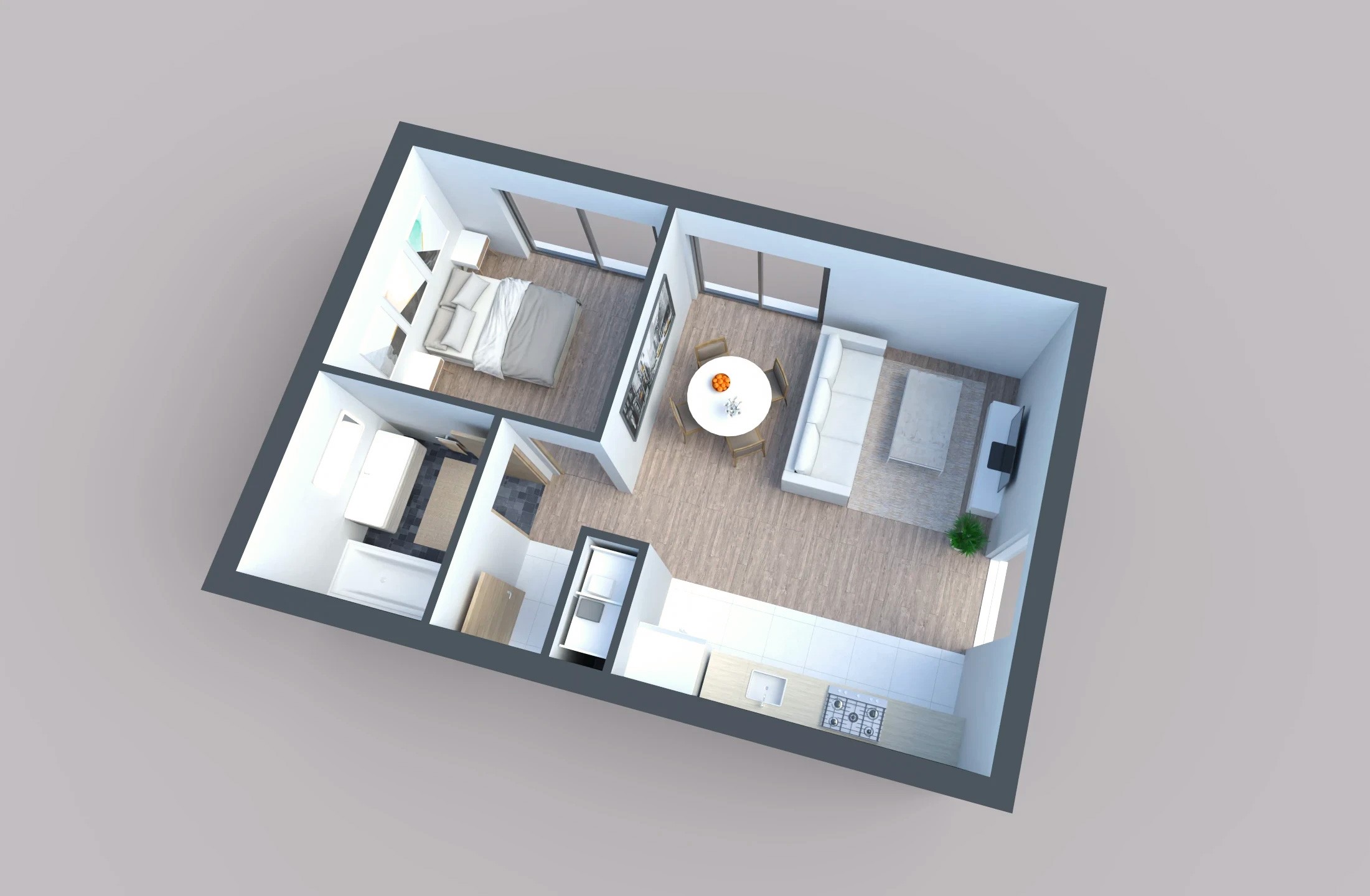 3D view of a furnished one-bedroom apartment with a spacious living room, dining area, bedroom, and kitchen designed for small spaces.