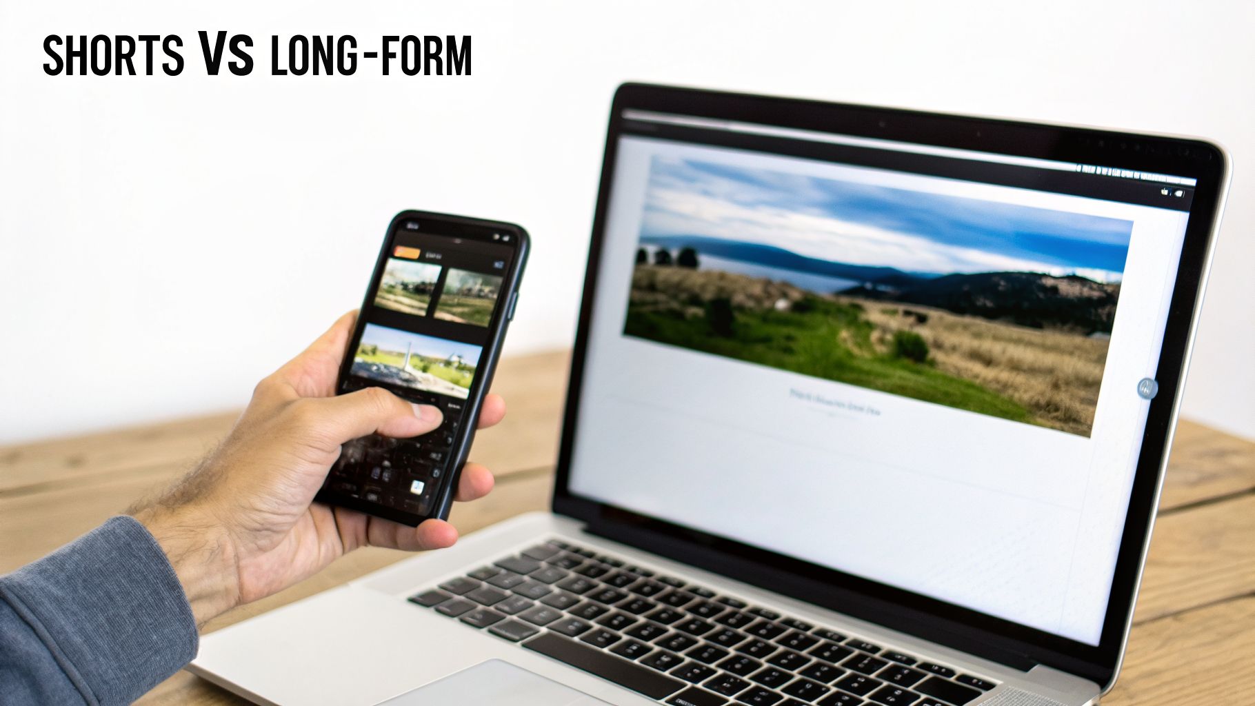 A person holds a smartphone showing video clips next to a laptop displaying a landscape image, comparing short vs long-form content.