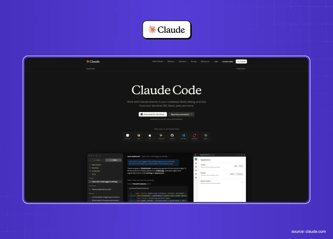 Claude Code landing page featuring a dark interface, “Claude Code” headline, platform icons, and a code editor preview.