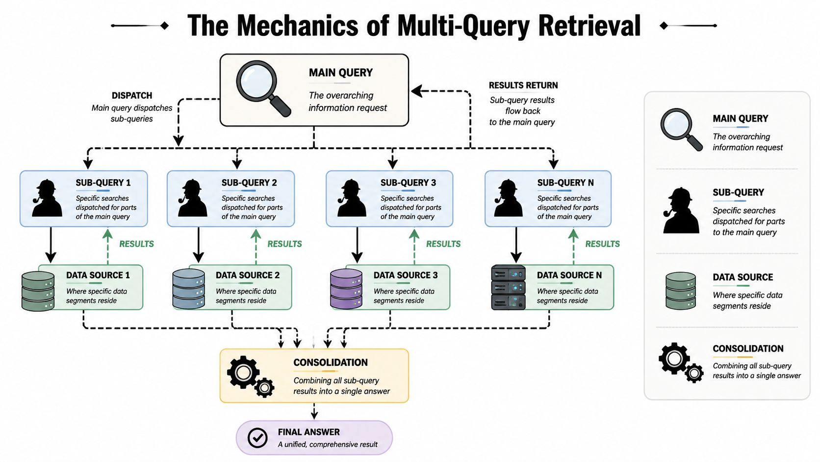 A diagram illustrating the mechanics of multi-query retrieval, showing a main query dispatching multiple sub-queries to data sources.