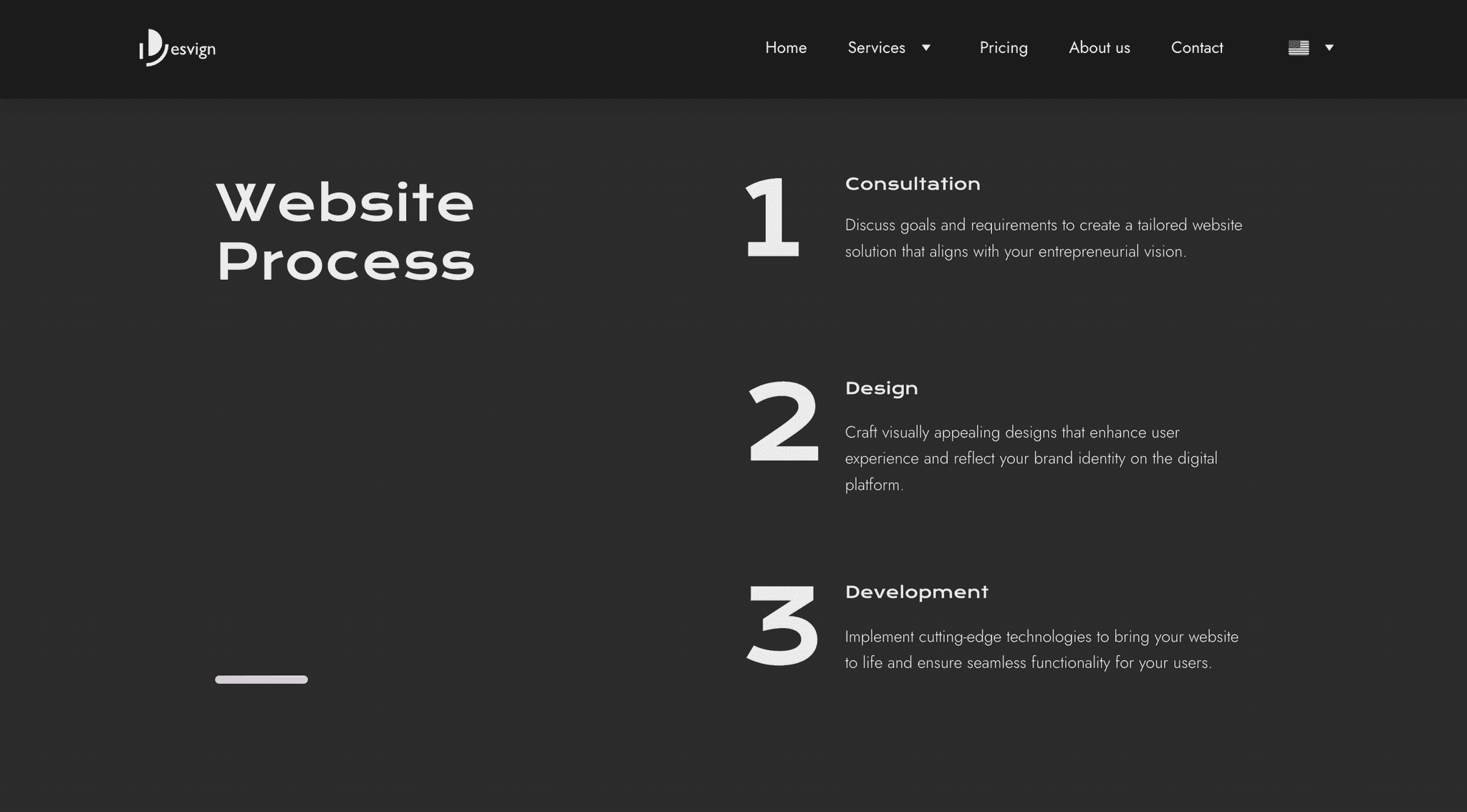 Screenshot of the Desvign website’s ‘Website Process’ section showing a three-step approach (Consultation, Design, Development) on a dark background.