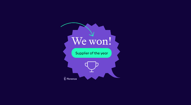 A dark purple award announcement graphic with a trophy badge reading "We won! Supplier of the Year" and the Florence logo