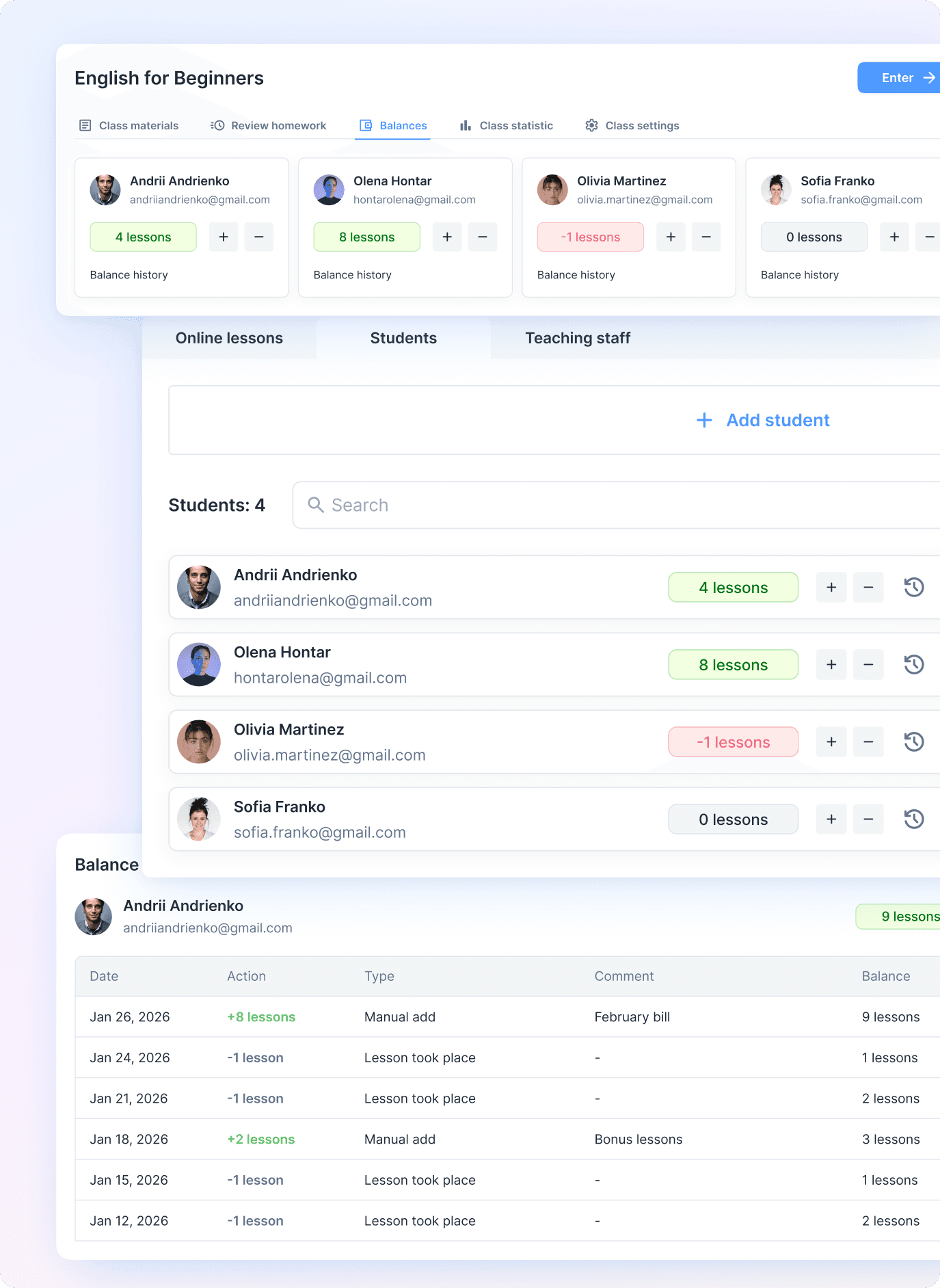 Student lesson balance tracking for language schools — edio platform