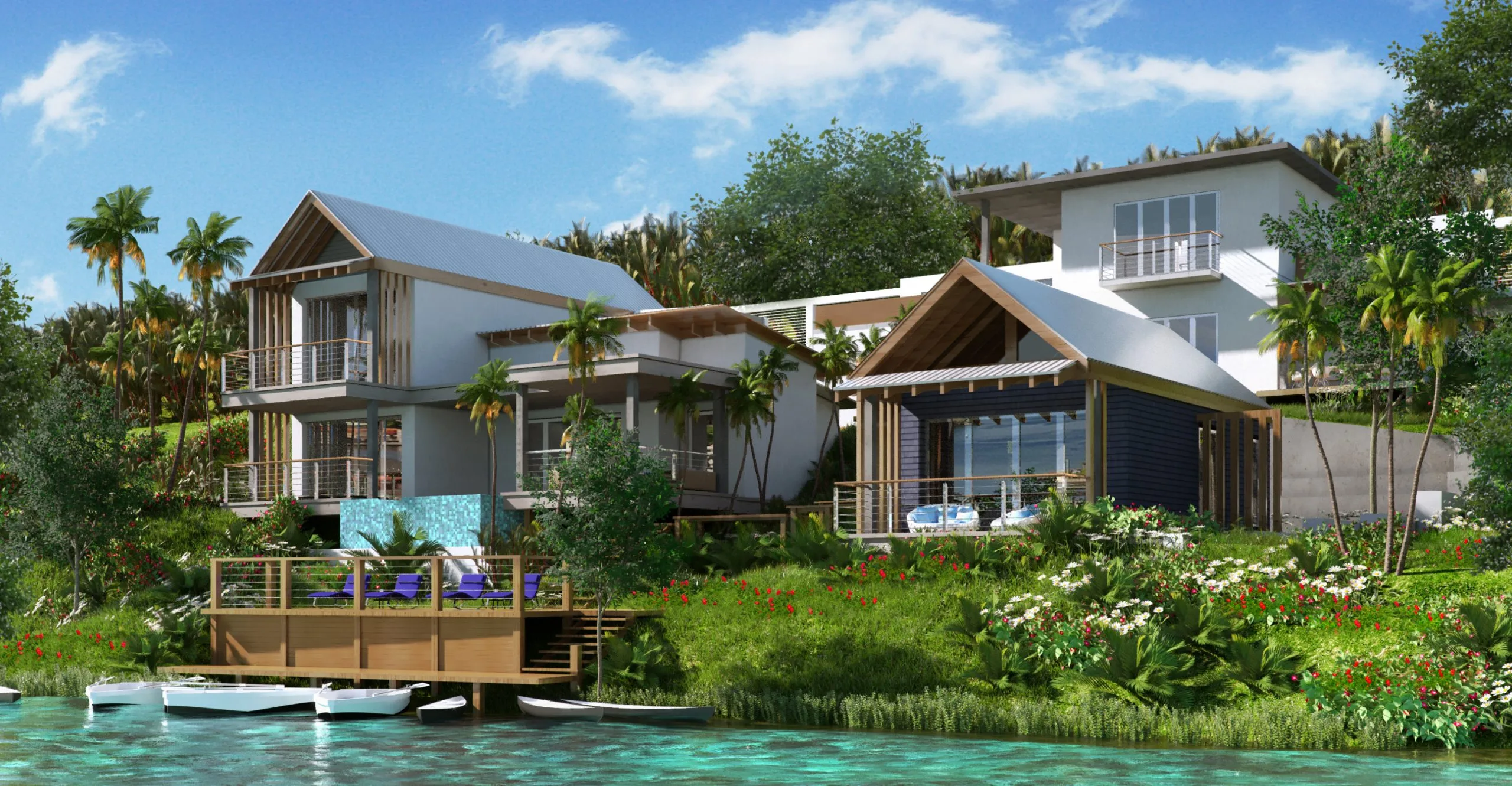 3D rendering of multi-level waterfront residence with dock and boathouse in St. Lucia
