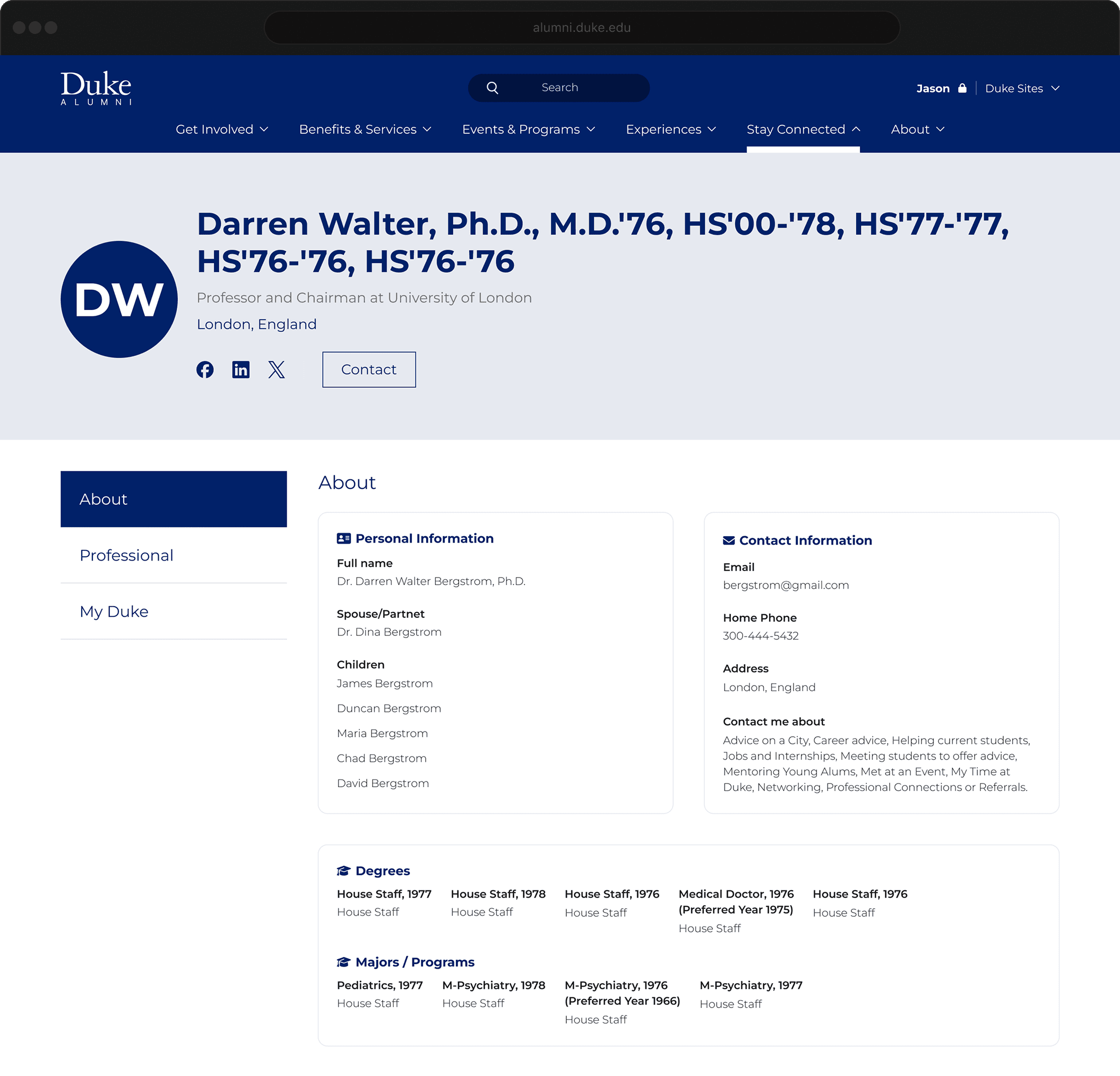 Duke Alumni Profile Screenshot