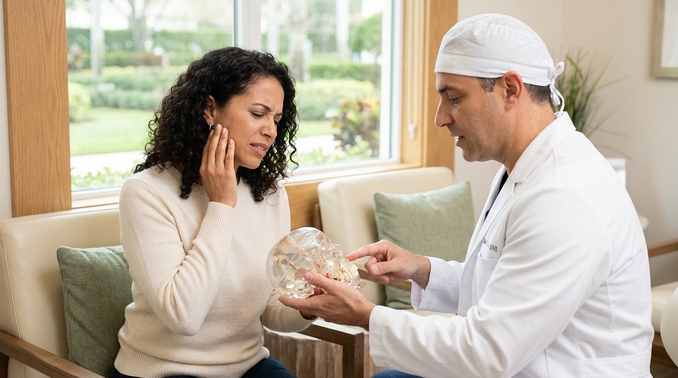 Palm Beach Gardens dentist explaining jaw and sinus anatomy to a patient with radiating tooth pain
