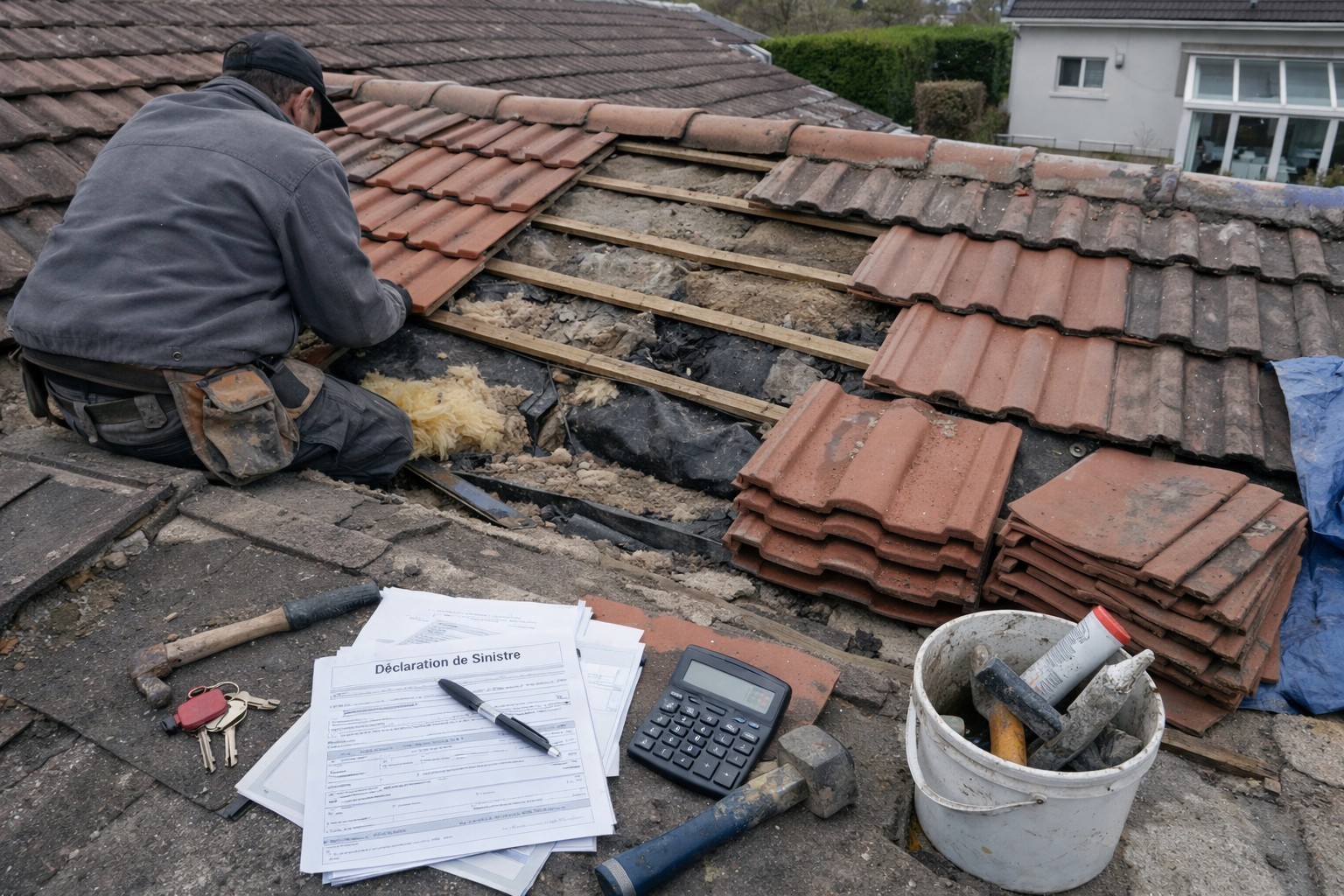 Réparation de toiture prise en charge par l’assurance avec couvreur intervenant sur un toit endommagé