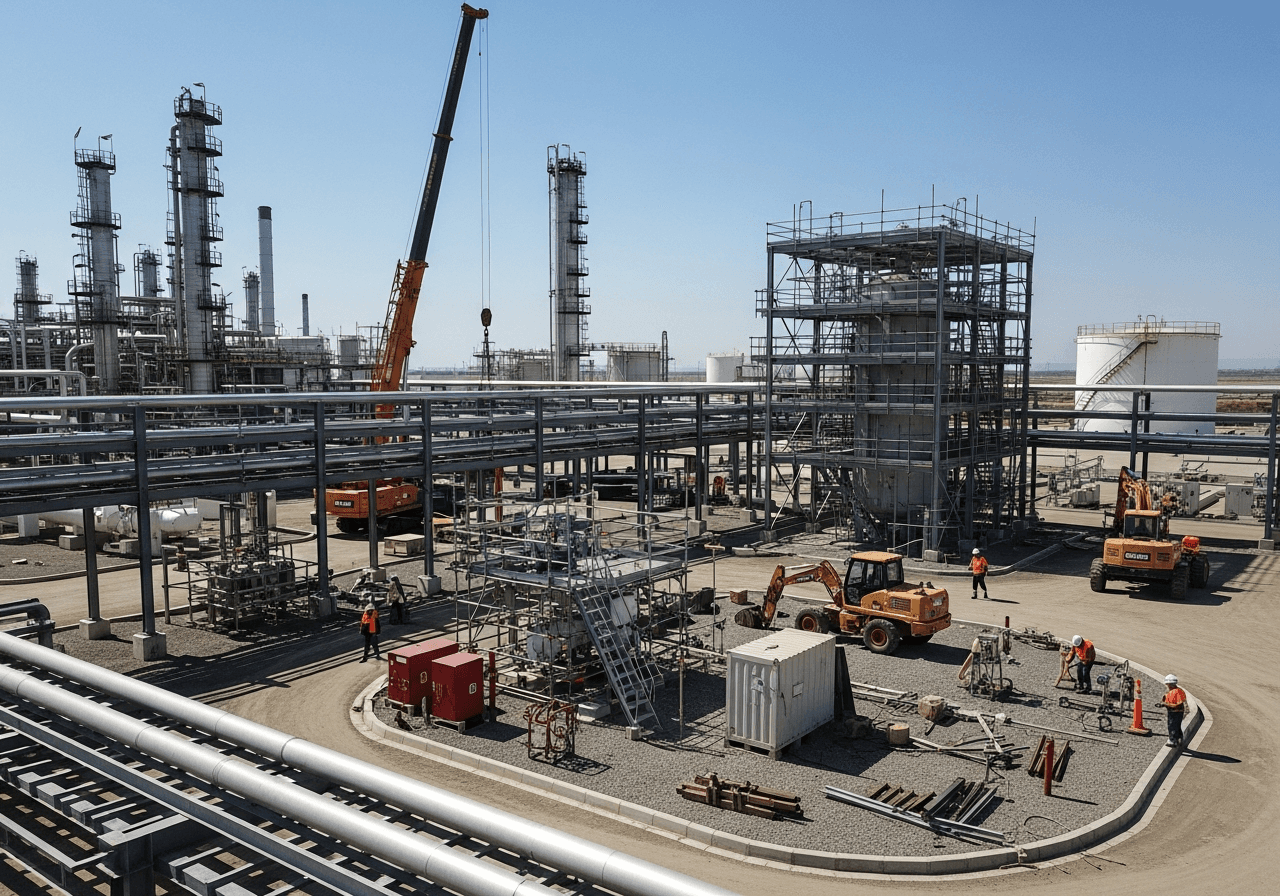 Aerial view of an Oil & Gas worksite with pipelines, storage tanks, and PPE-equipped workers in natural daylight.