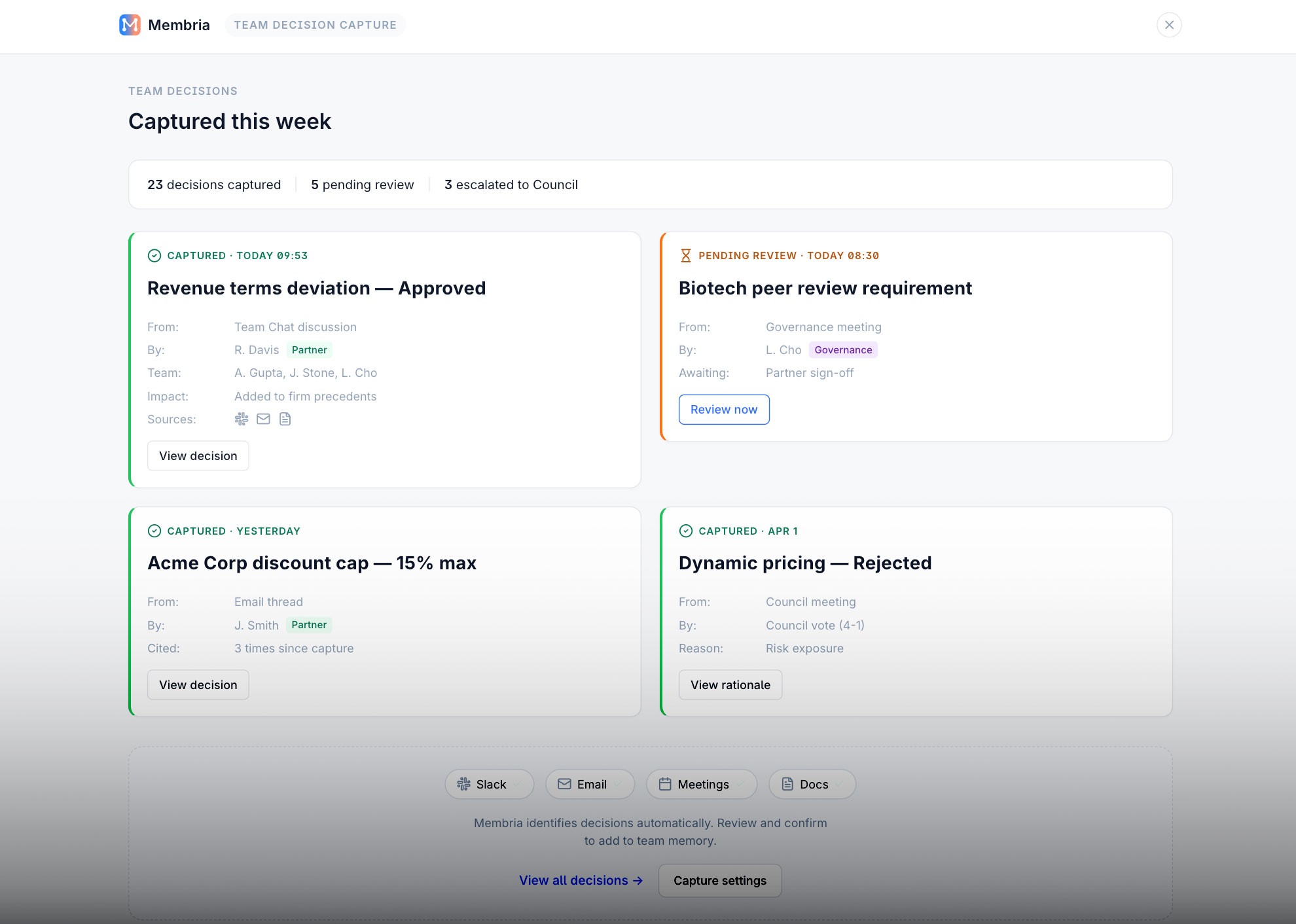 A mockup of Membria's Team Decision Capture