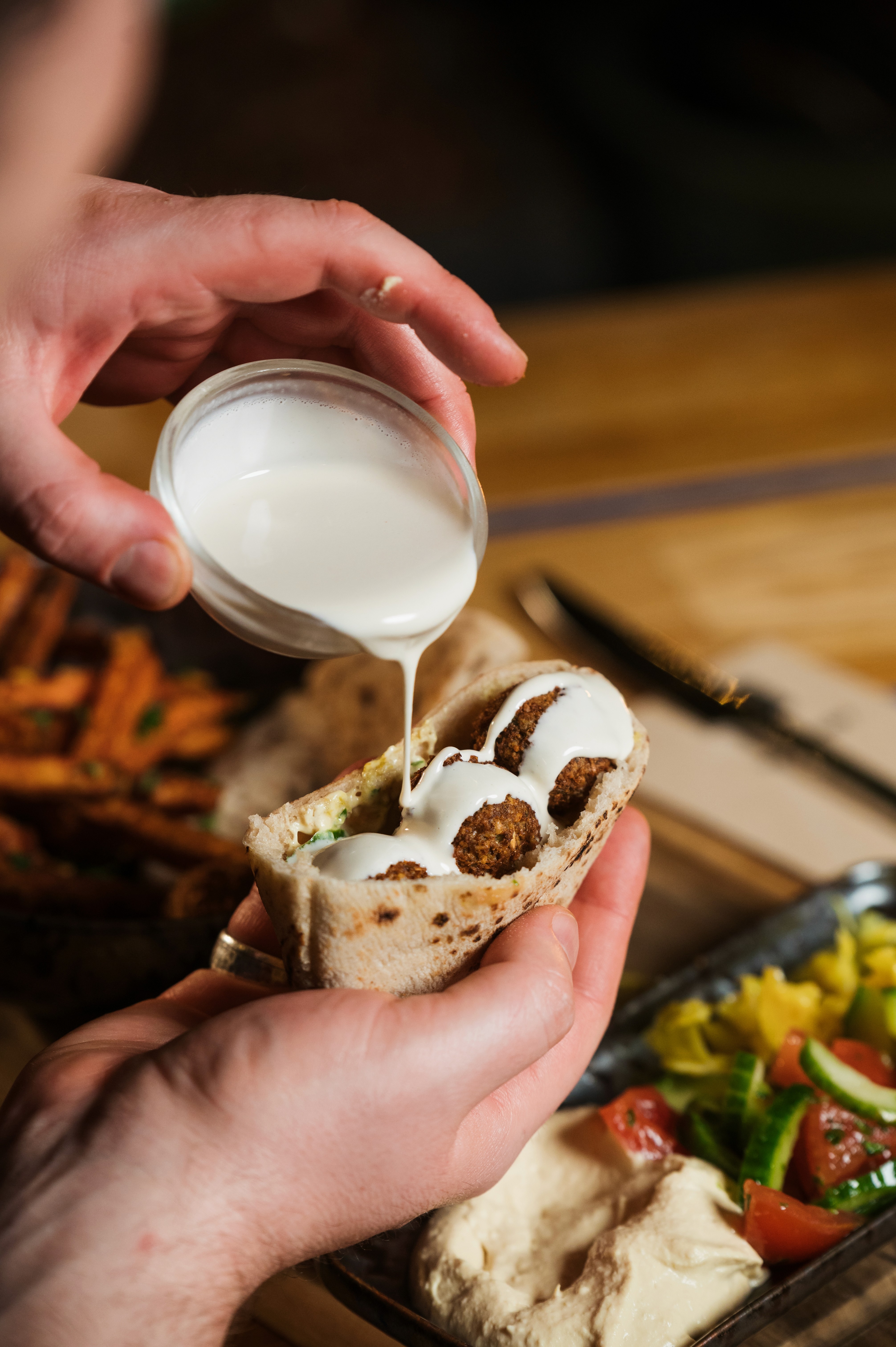Fresh pita sandwich with vegetables and meat