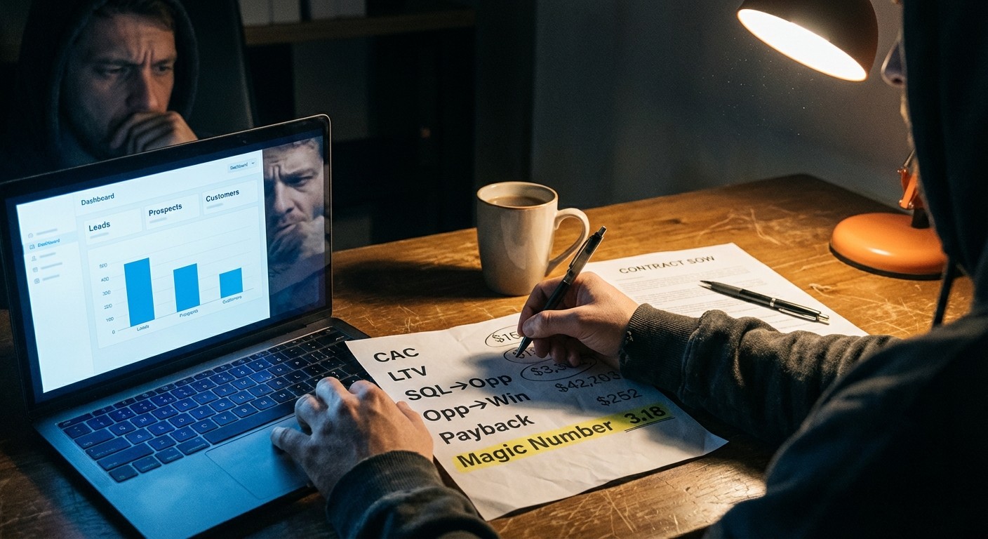 B2B marketing performance analysis tracking CAC, LTV, SQL to opportunity conversion, payback period, and magic number