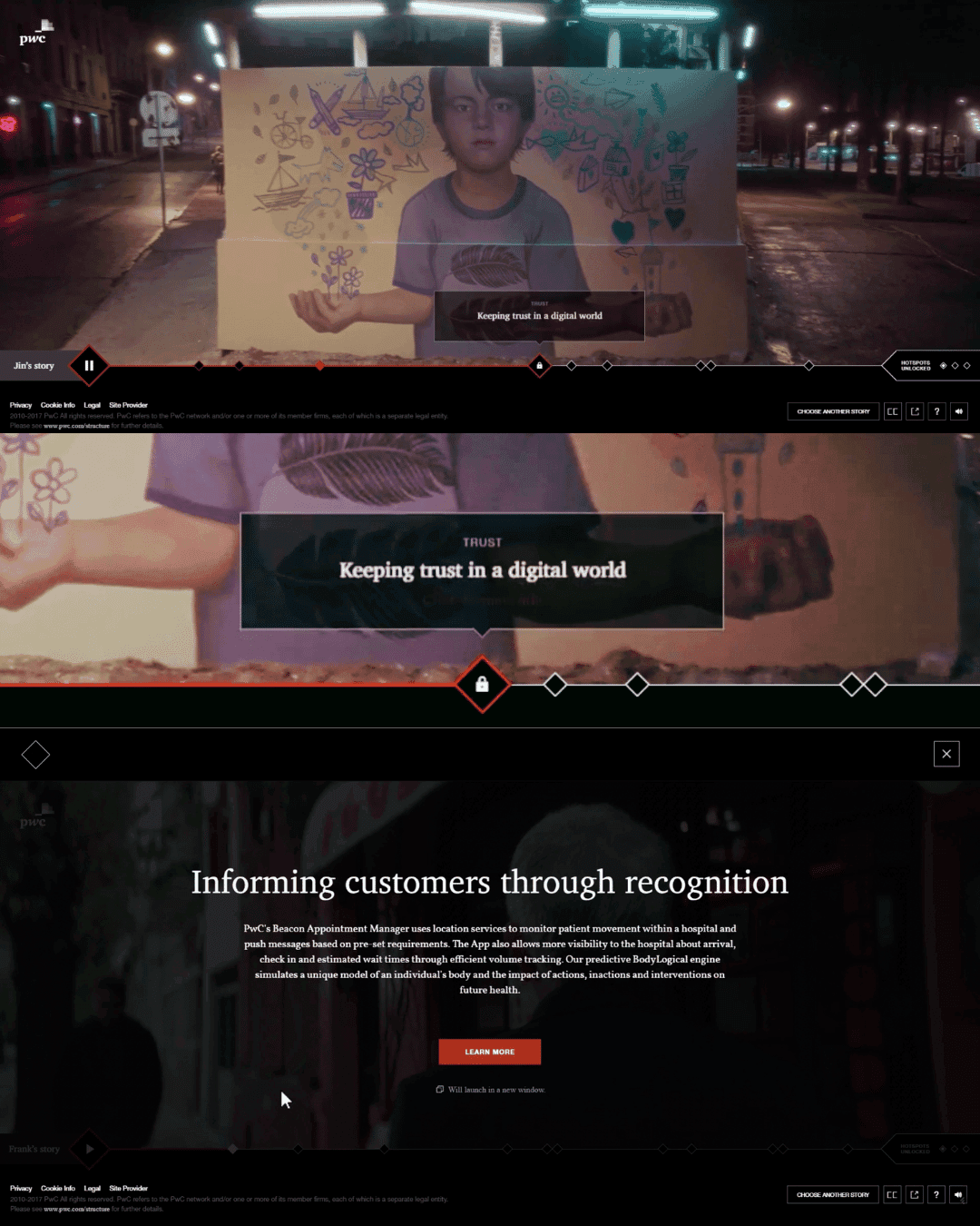 A child in front of a mural with text: "Keeping trust in a digital world."