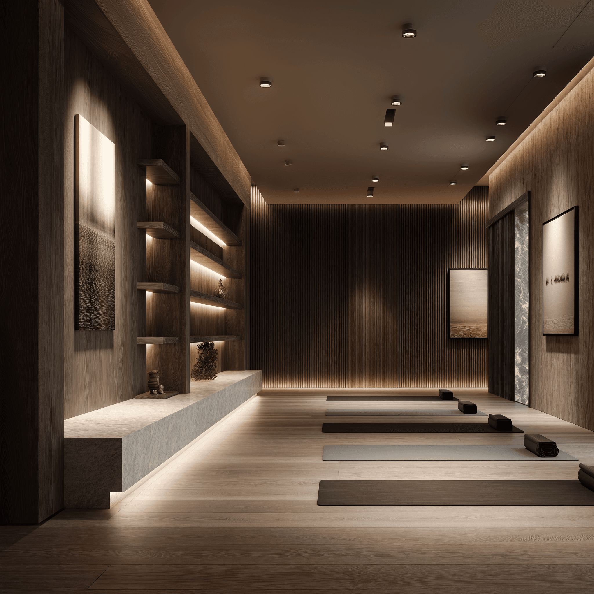 Upscale yoga studio with dark oak slatted wall panels, backlit floating shelves with curated objects, grey yoga mats arranged on light hardwood flooring