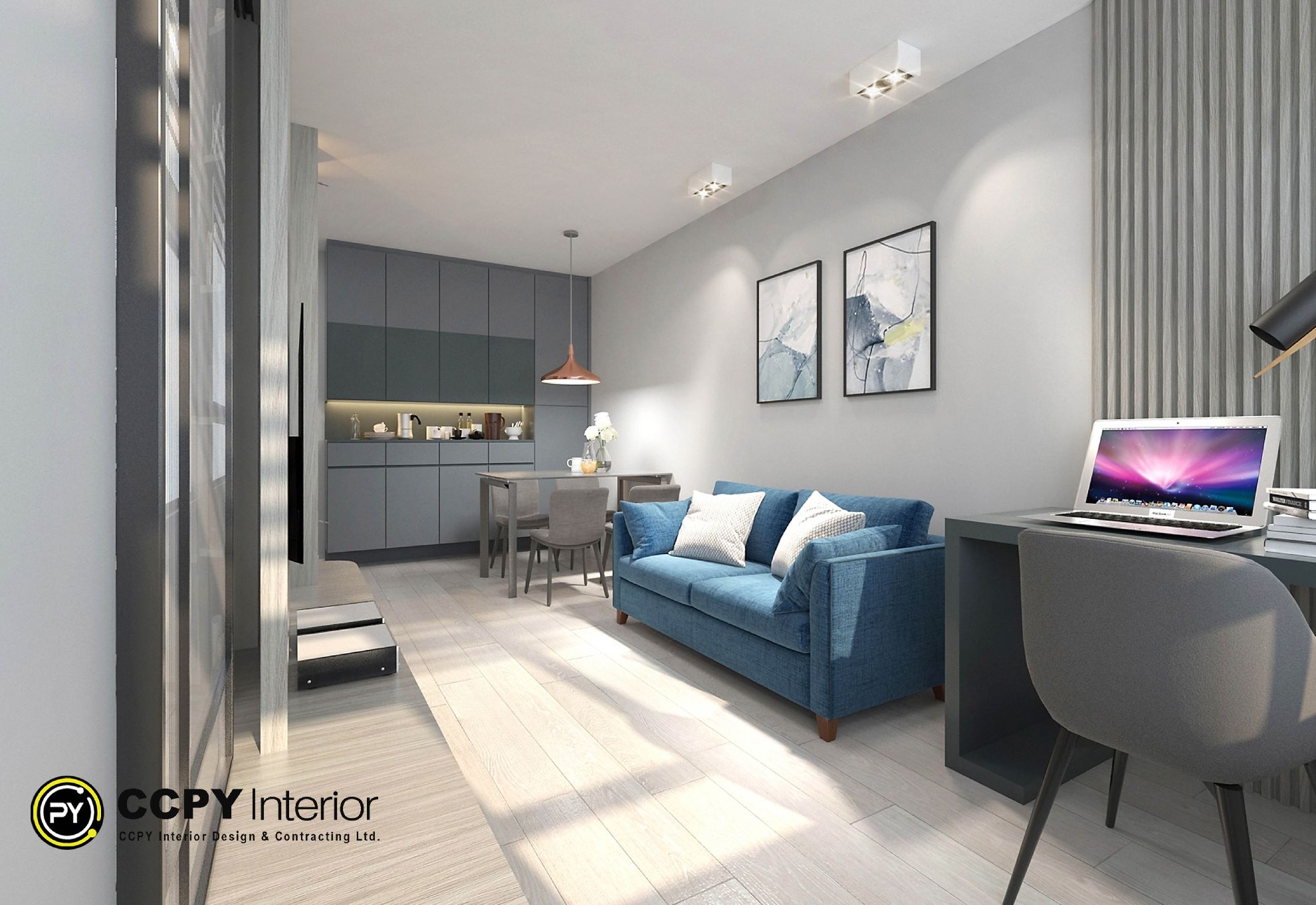 Modern living room with blue sofa, dining area, and laptop desk