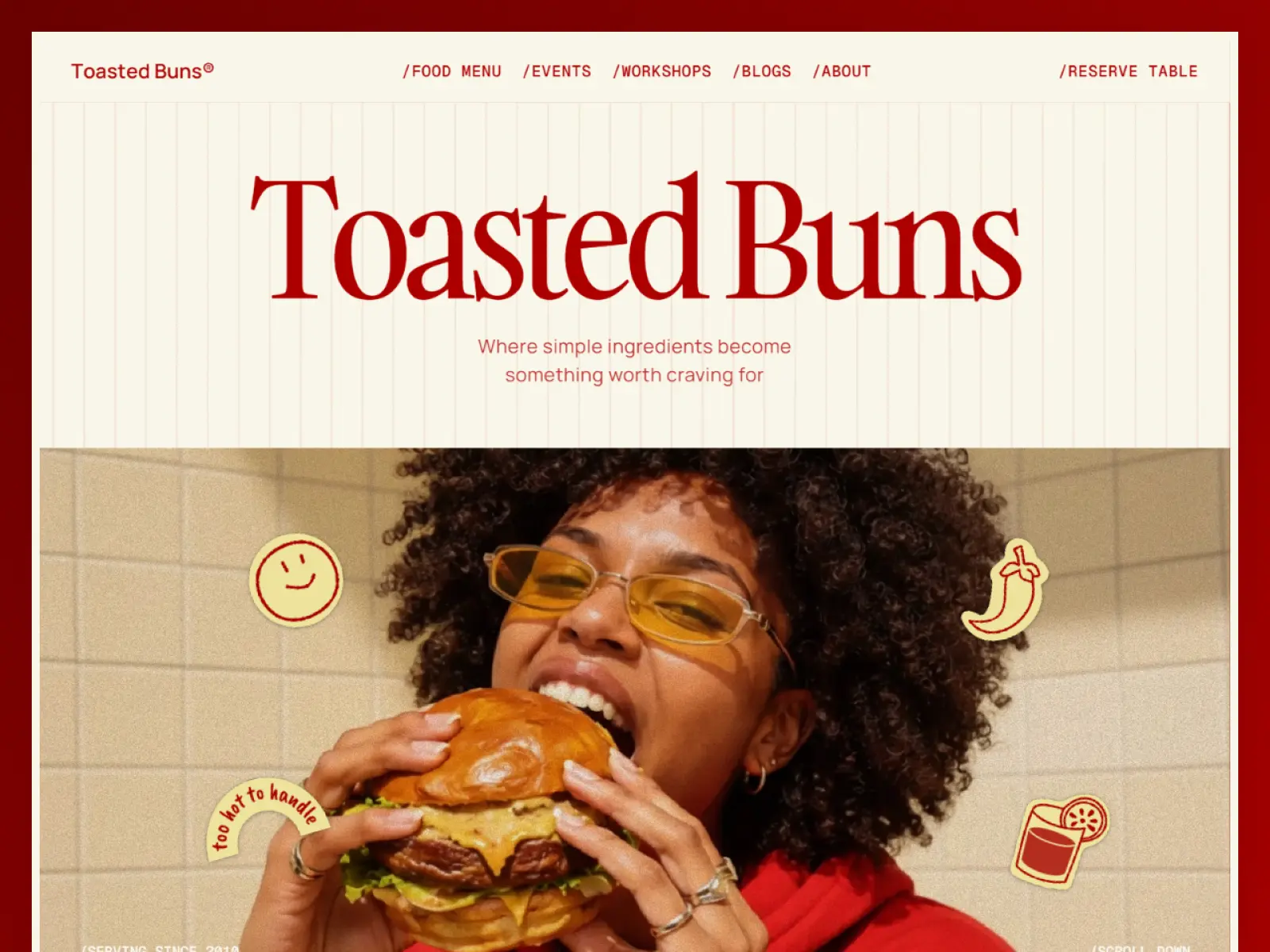 Featured preview of Toasted Buns, a restaurant Framer template featuring a bold retro-inspired homepage for a burger restaurant with food, events, and table reservations.