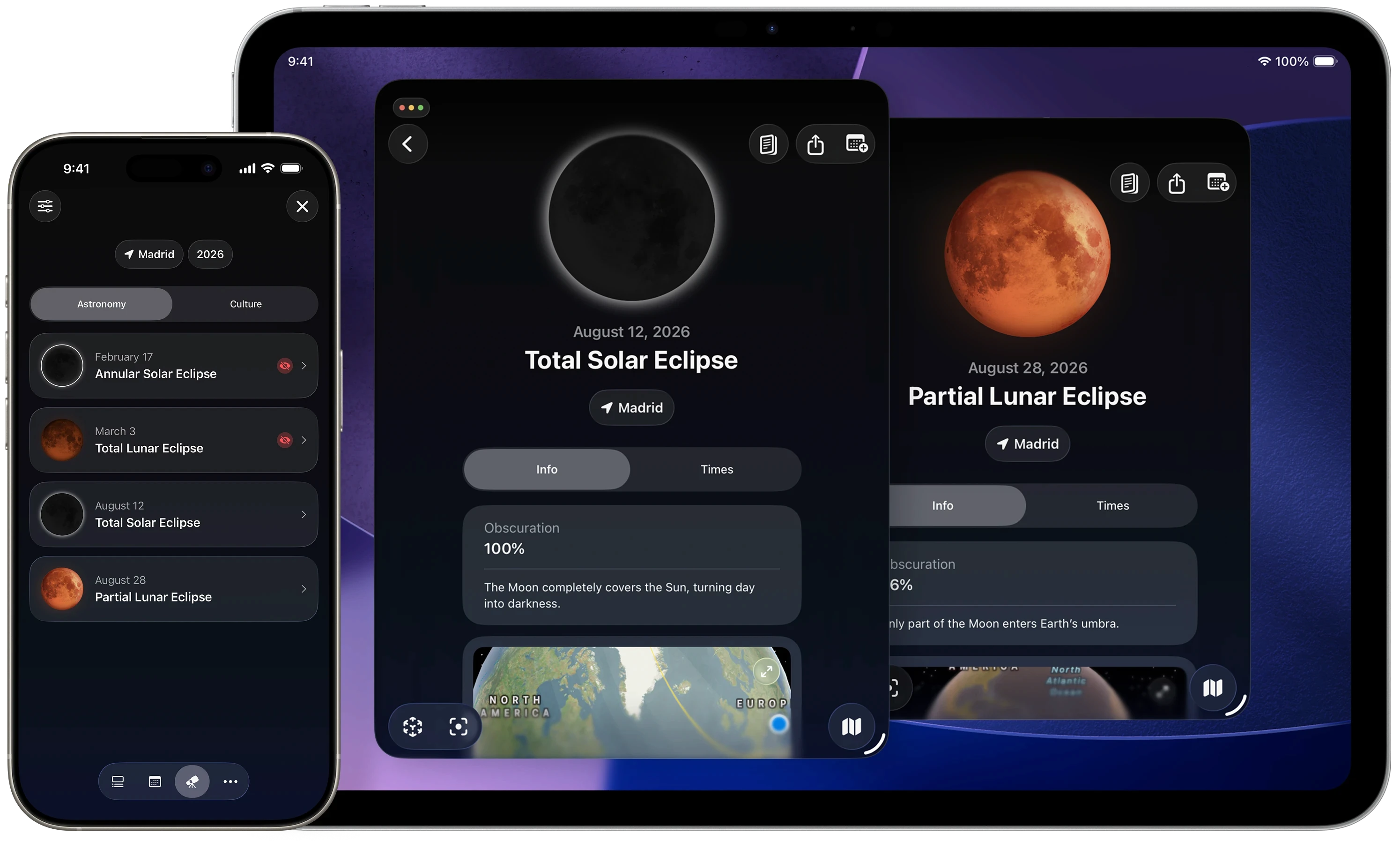 Moonlitt solar and lunar eclipse list on iPhone with eclipse details on iPad