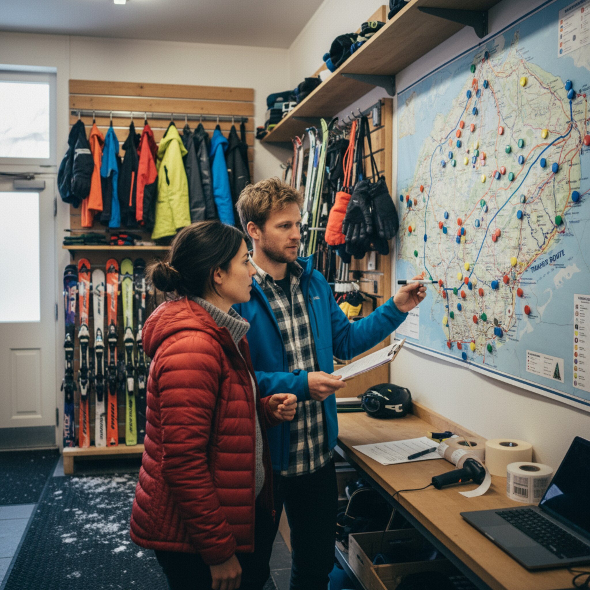 Im Backroom hängt eine große Alpenkarte mit Magnetmarkern für Standorte. Zwei Teamleiter zeigen auf markierte Routen für Materialtransfers. Regale mit Skiern stehen im Hintergrund, Winterjacken trocknen an Haken. Die Stimmung ist fokussiert, kooperativ und vorausschauend.