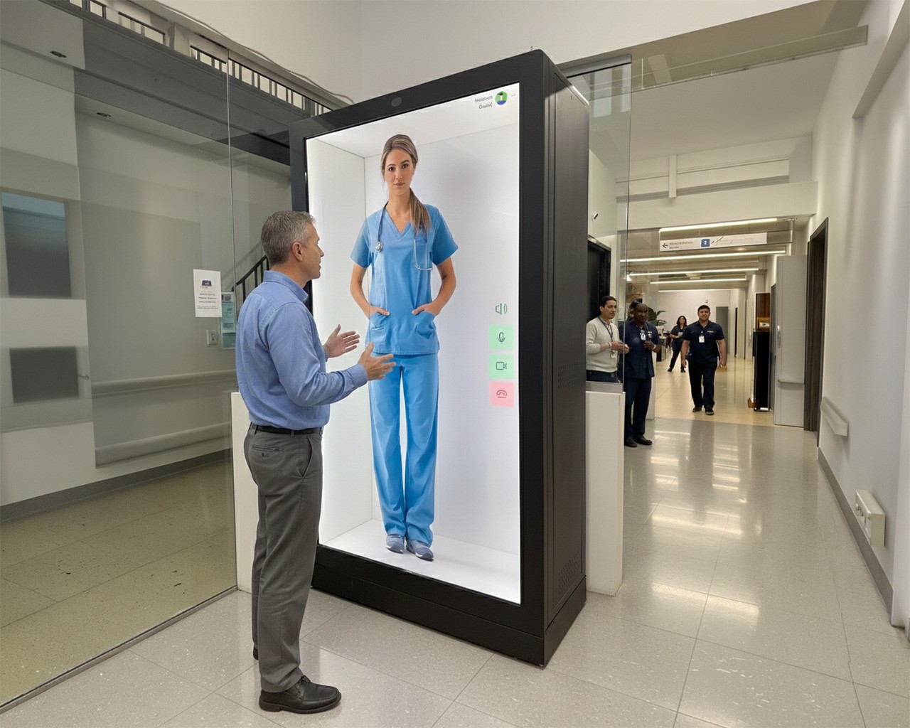 Hospital visitor interacting with a HumanBeam healthcare digital concierge displayed as a life-size AI patient avatar assisting with intake and navigation