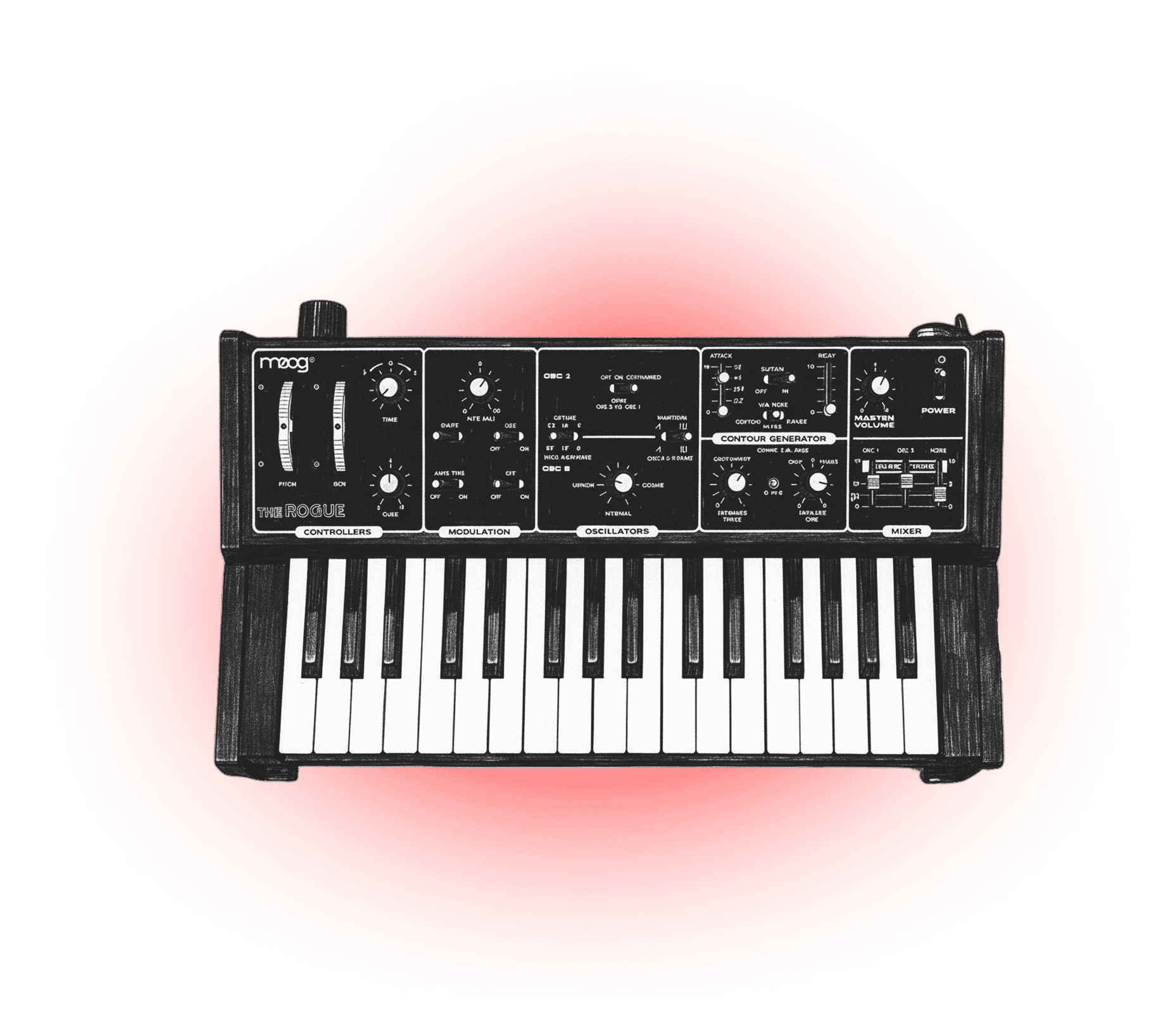 Analog synthesizer with red glow in the background