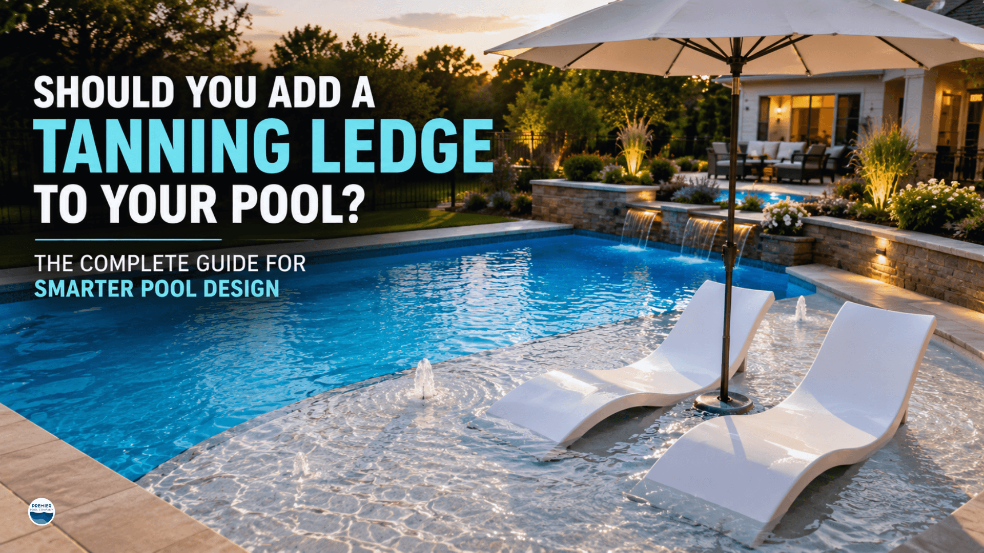 Modern fiberglass pool with spacious tanning ledge, in-water loungers and umbrella