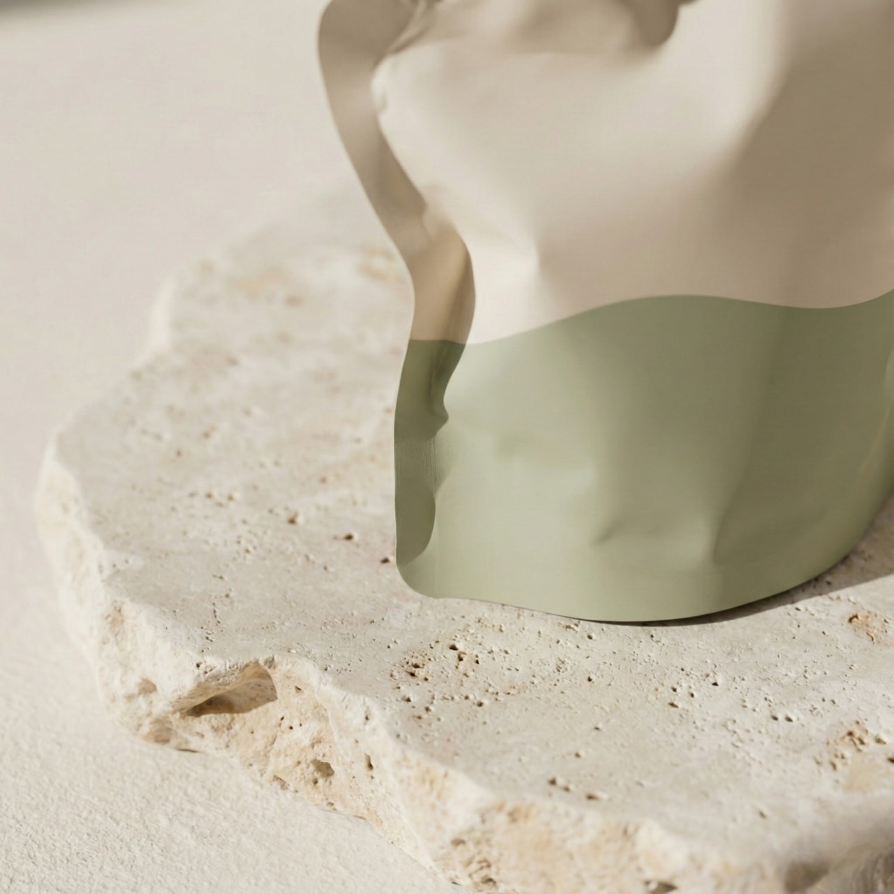 A beige and green, crumpled pouch sits on a textured stone surface, bathed in soft light, evoking a calm, organic, and minimalist aesthetic.