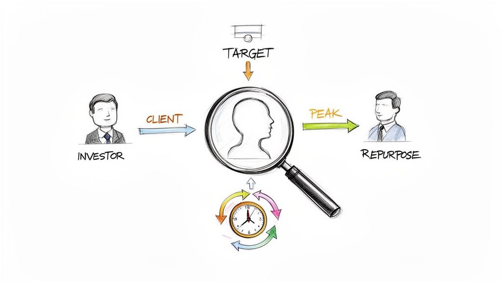 Diagram illustrating a business process from investor and client to repurpose, involving targeting and time.