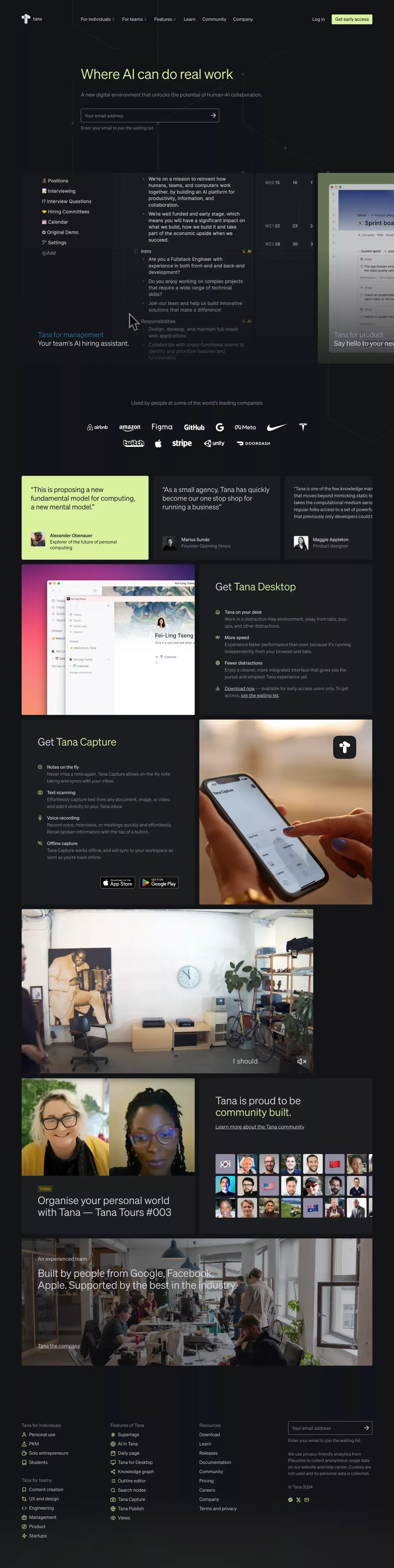 Tana landing page screenshot showcasing Tech and AI design