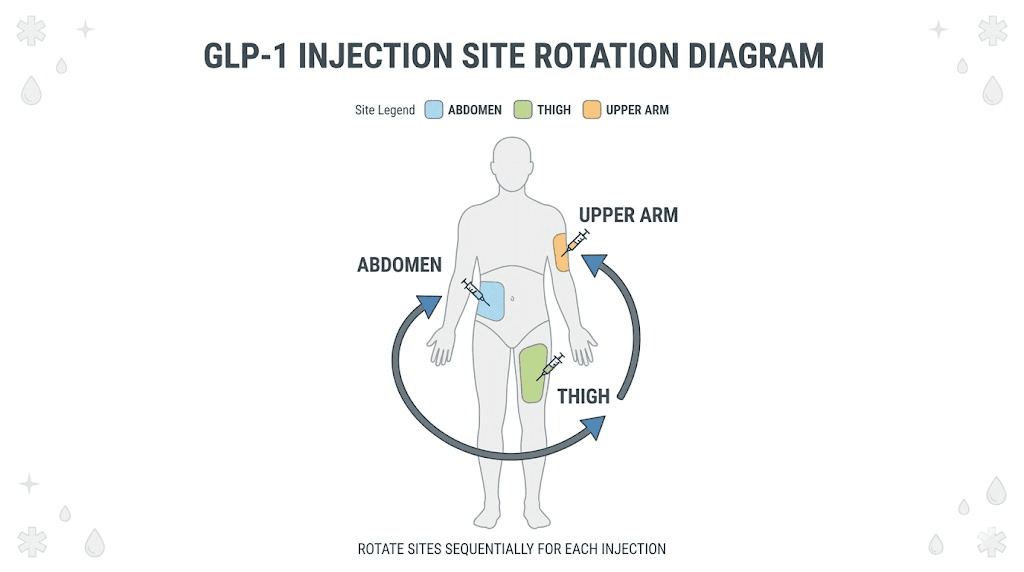 GLP-1 injection sites diagram showing abdomen thigh and upper arm rotation pattern