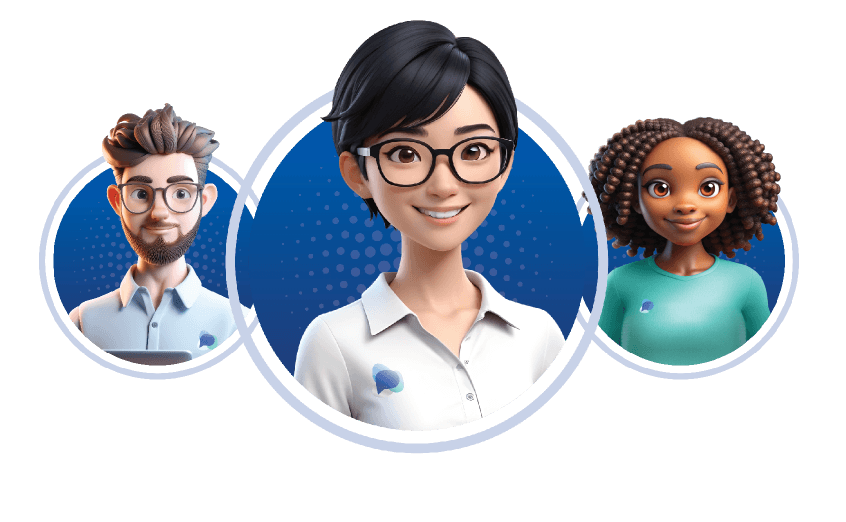 Three AI agent portraits sit together as a product suite