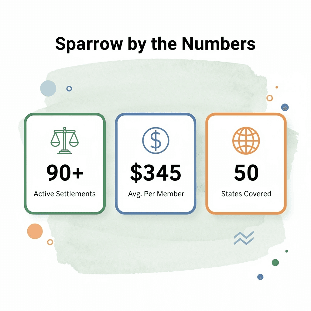 Stats showing 90+ settlements, $345 average payout, and all 50 states