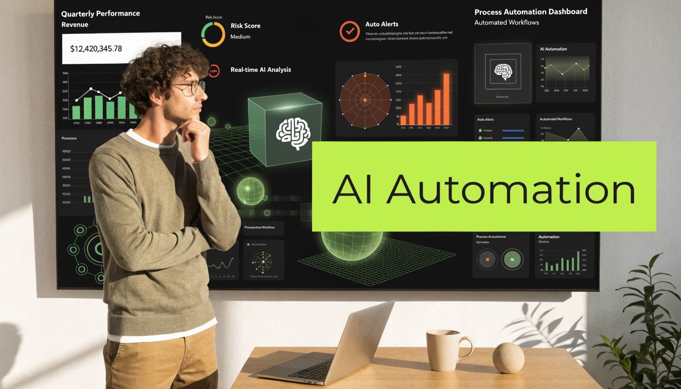 A young man analyzing a digital dashboard showcasing AI automation metrics and business data in an office.