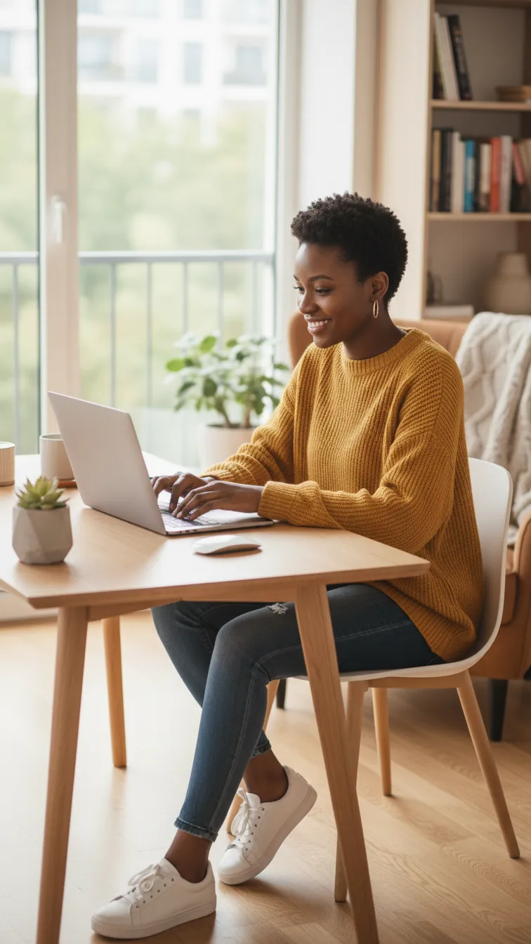 Étudiante de l'ICEA Martinique travaillant avec sérénité sur son ordinateur portable dans un intérieur lumineux, illustrant le confort d'étude et la réussite académique à distance.