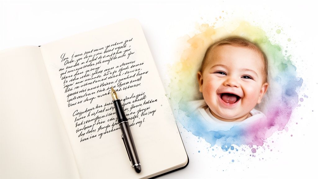 A happy baby portrait with colorful watercolor splashes next to an open notebook and fountain pen.